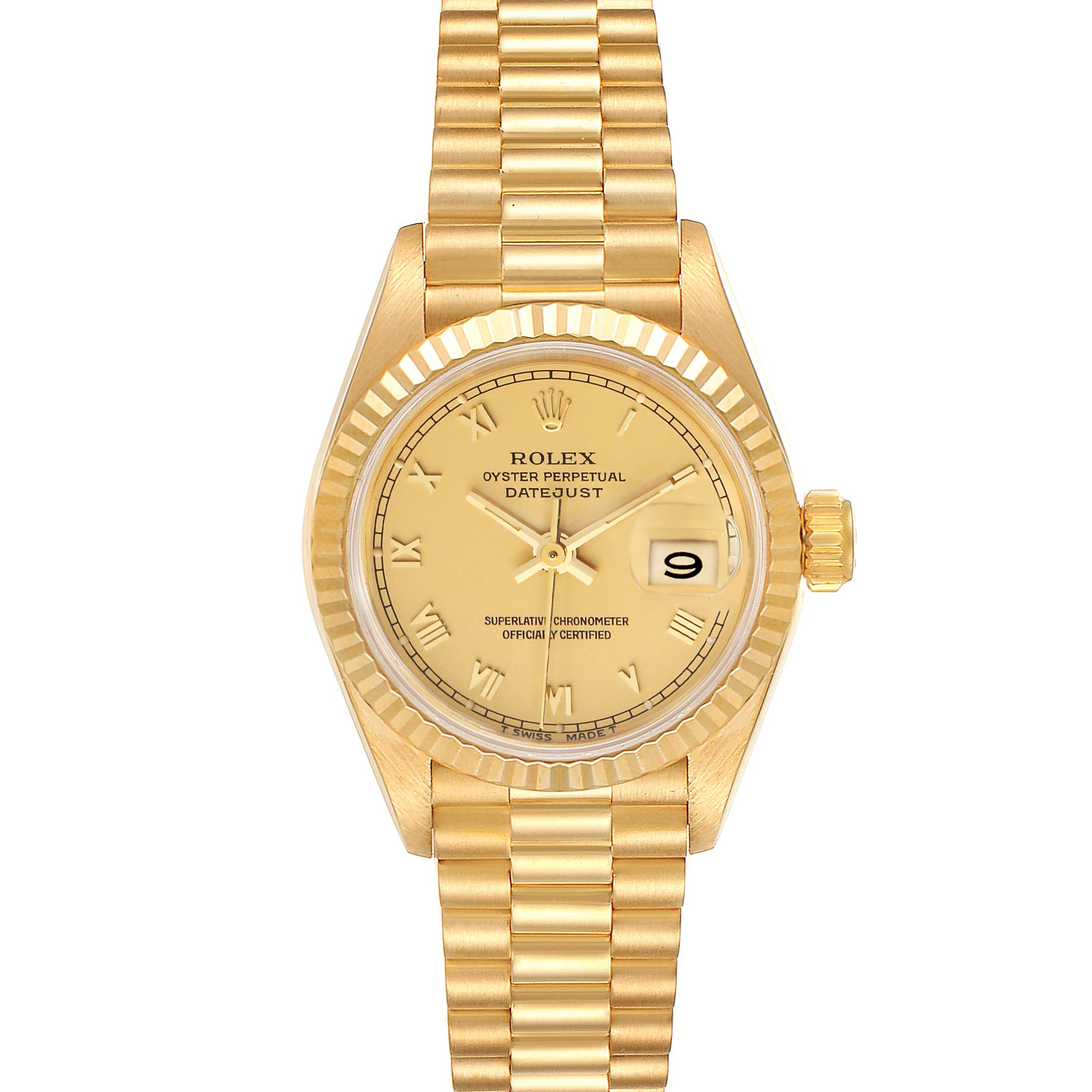 The image shows a Rolex President 69178 Women
s Yellow Gold Champagne Dial 69178 Women
s Yellow Gold Champagne Dial model watch from the front, capturing the dial, bezel, bracelet, and crown.