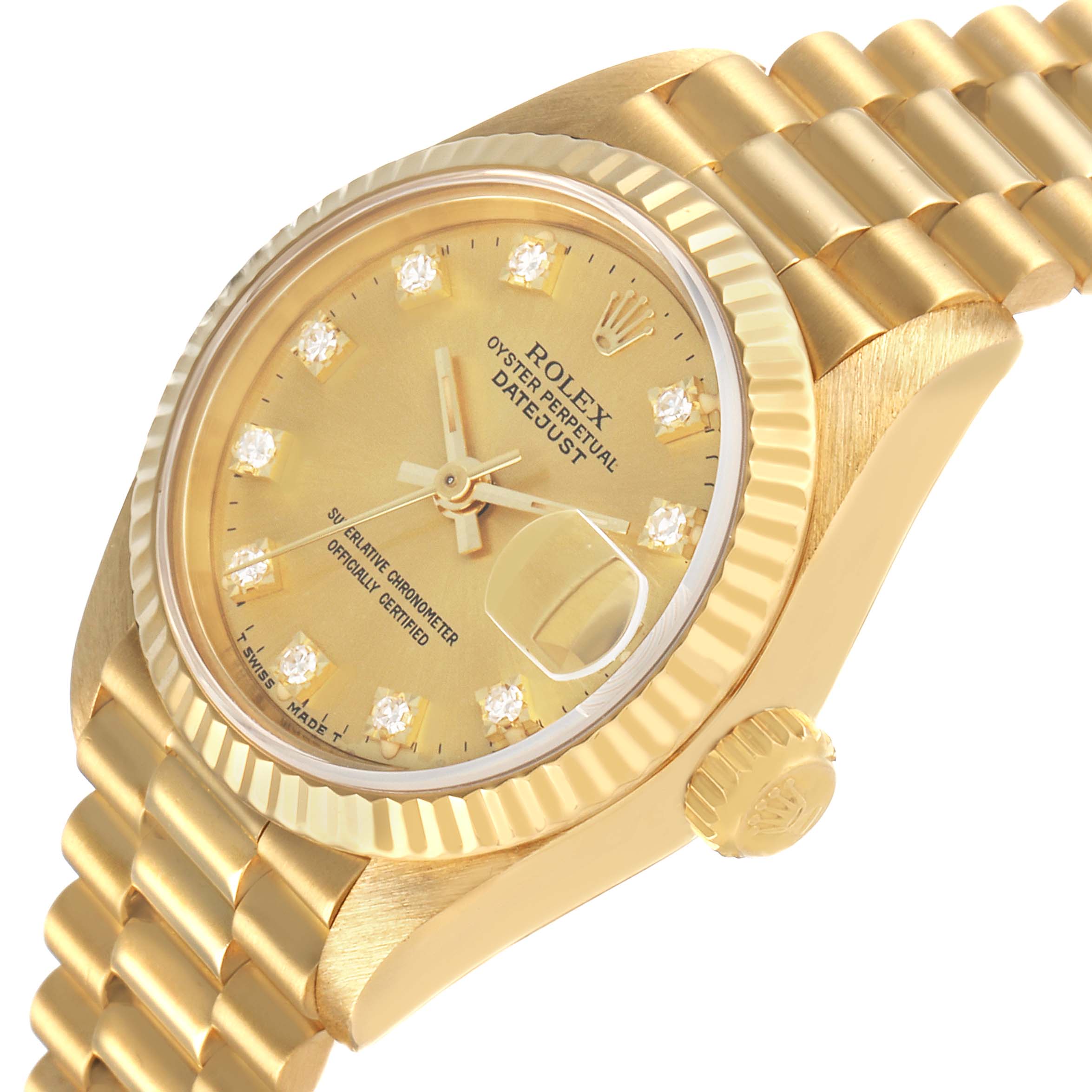 The Rolex President 69178 Women's Yellow Gold Champagne Dial model is shown at a slight angle, highlighting the gold dial, bracelet, fluted bezel, and date magnifier.