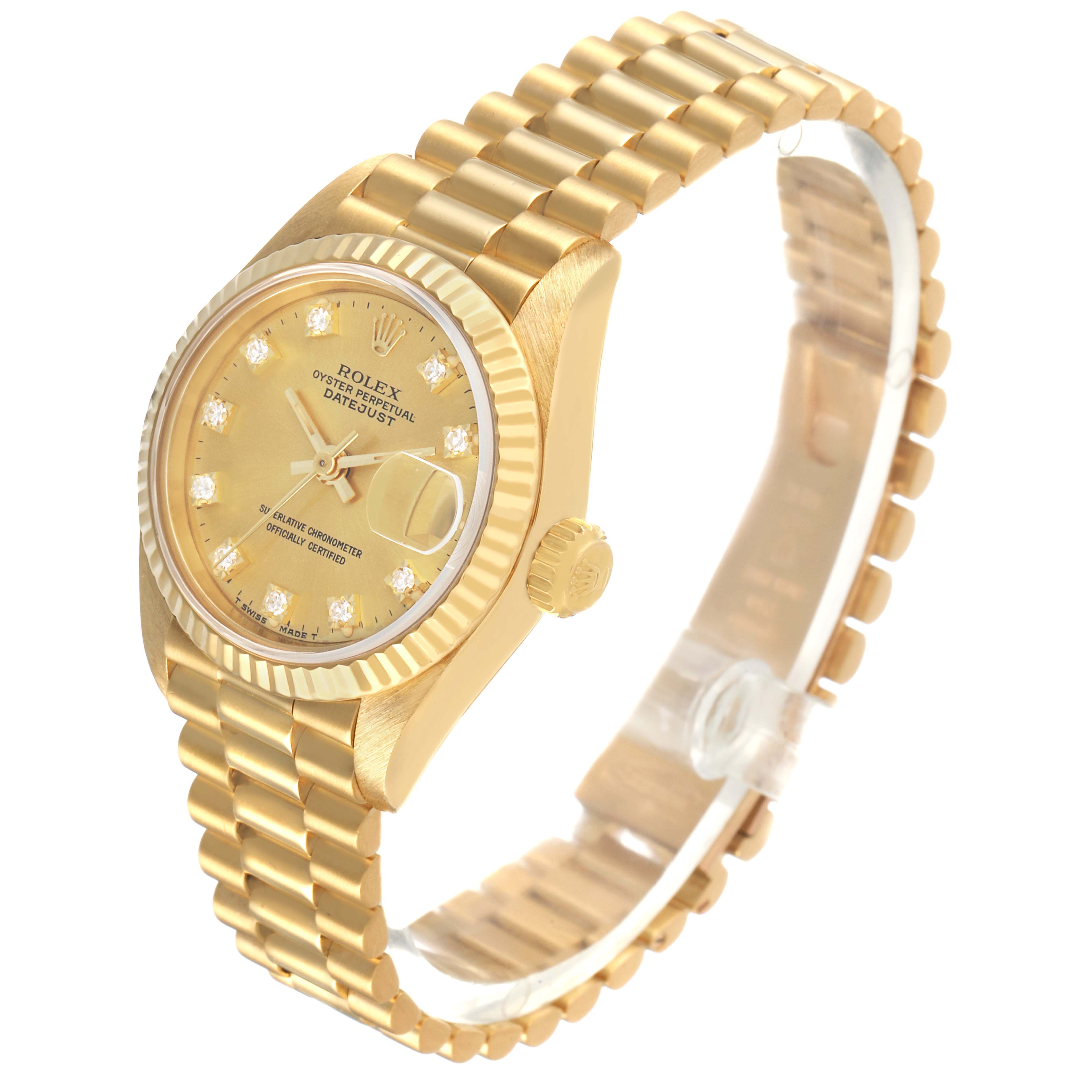 The Rolex President 69178 Women's Yellow Gold Champagne Dial model watch is shown at an angled side view, displaying the dial, bracelet, and crown.