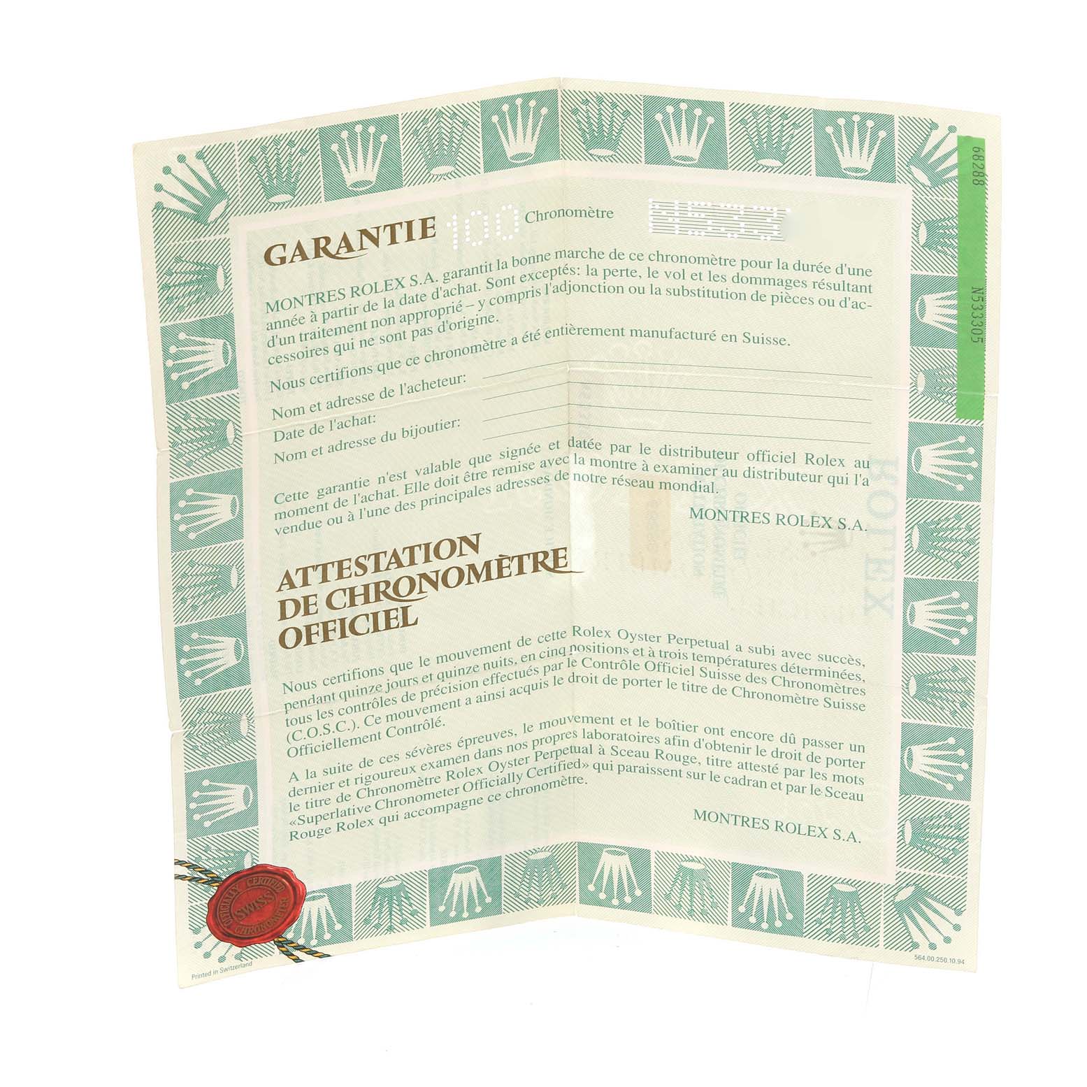 The image shows the warranty and chronometer certification document for a Rolex President 68288 Women's Yellow Gold Blue Dial 68288 Women's Yellow Gold Blue Dial model watch.