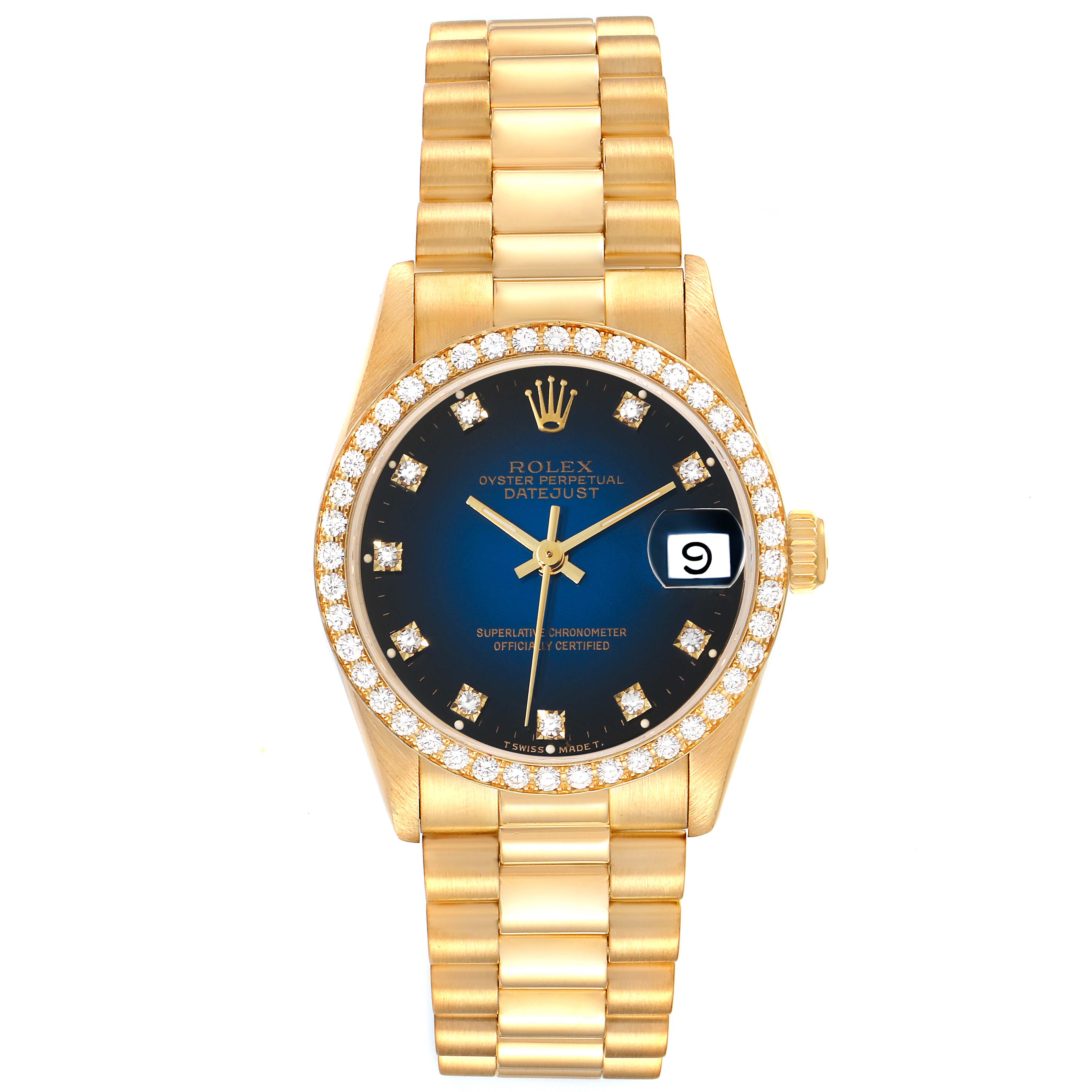 This image shows a frontal view of the Rolex President 68288 Women's Yellow Gold Blue Dial 68288 Women's Yellow Gold Blue Dial model watch, highlighting its gold bracelet, blue dial, diamond bezel, and date window.