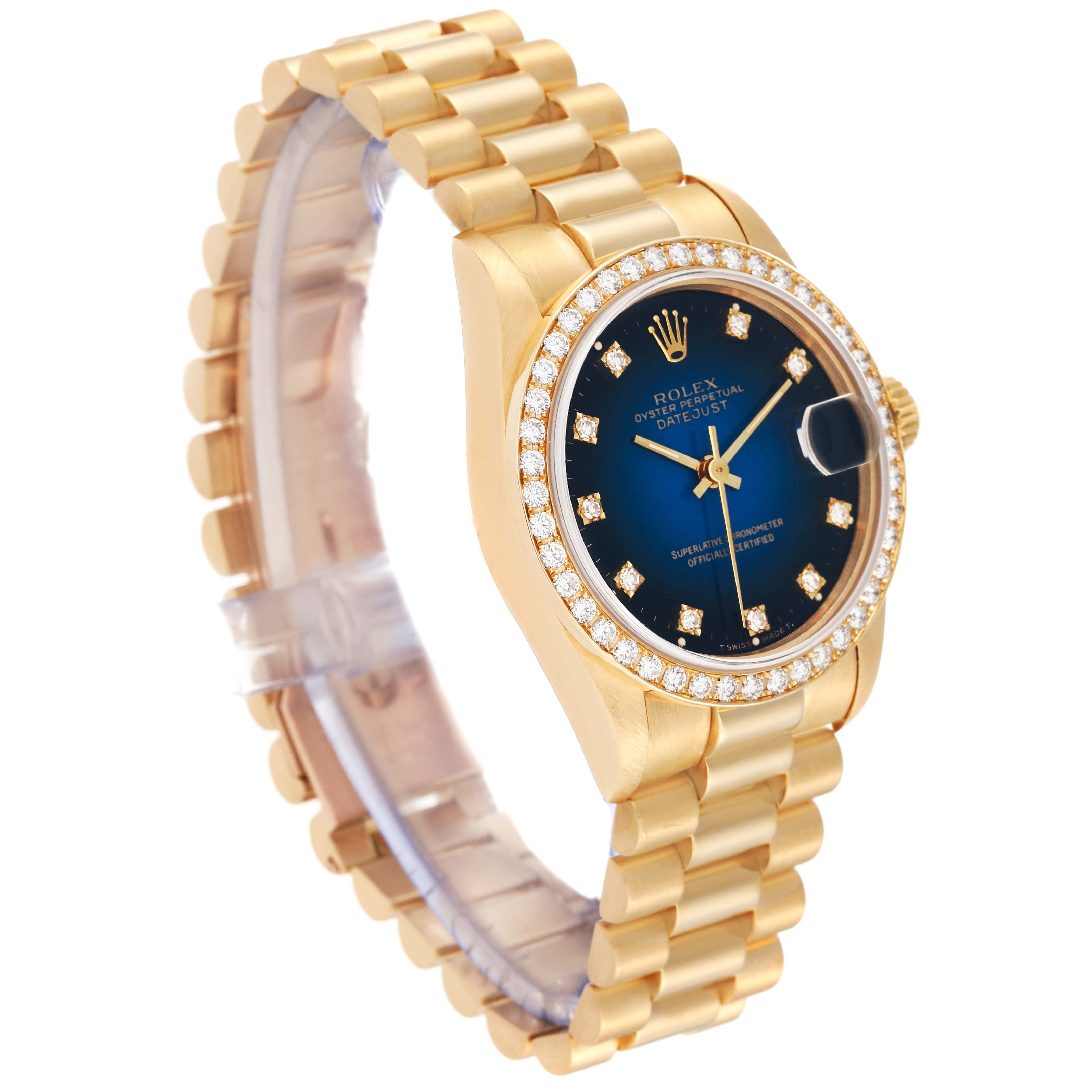 The Rolex President 68288 Women's Yellow Gold Blue Dial 68288 Women's Yellow Gold Blue Dial model watch is shown at a 3/4 angle, displaying the dial, bezel, crown, and bracelet.