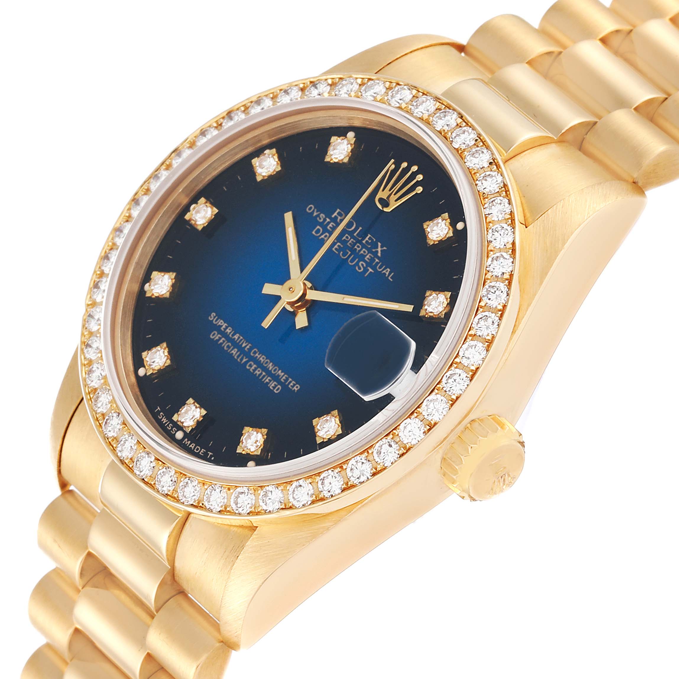 The image shows a Rolex President 68288 Women's Yellow Gold Blue Dial 68288 Women's Yellow Gold Blue Dial model watch at an angle highlighting the dial, bezel, crown, and part of the bracelet.
