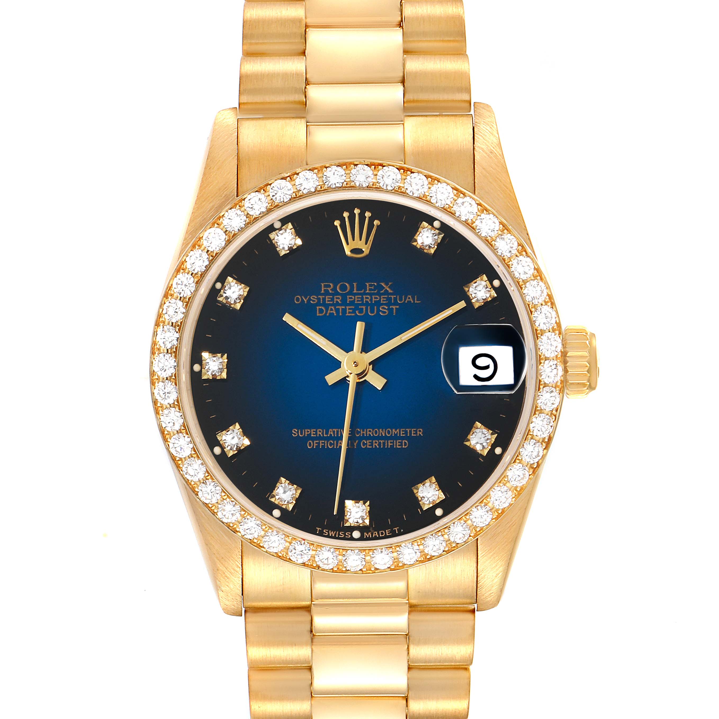 This image shows a frontal view of the Rolex President 68288 Women's Yellow Gold Blue Dial 68288 Women's Yellow Gold Blue Dial model, featuring a gold bracelet, a blue dial, and a diamond bezel.