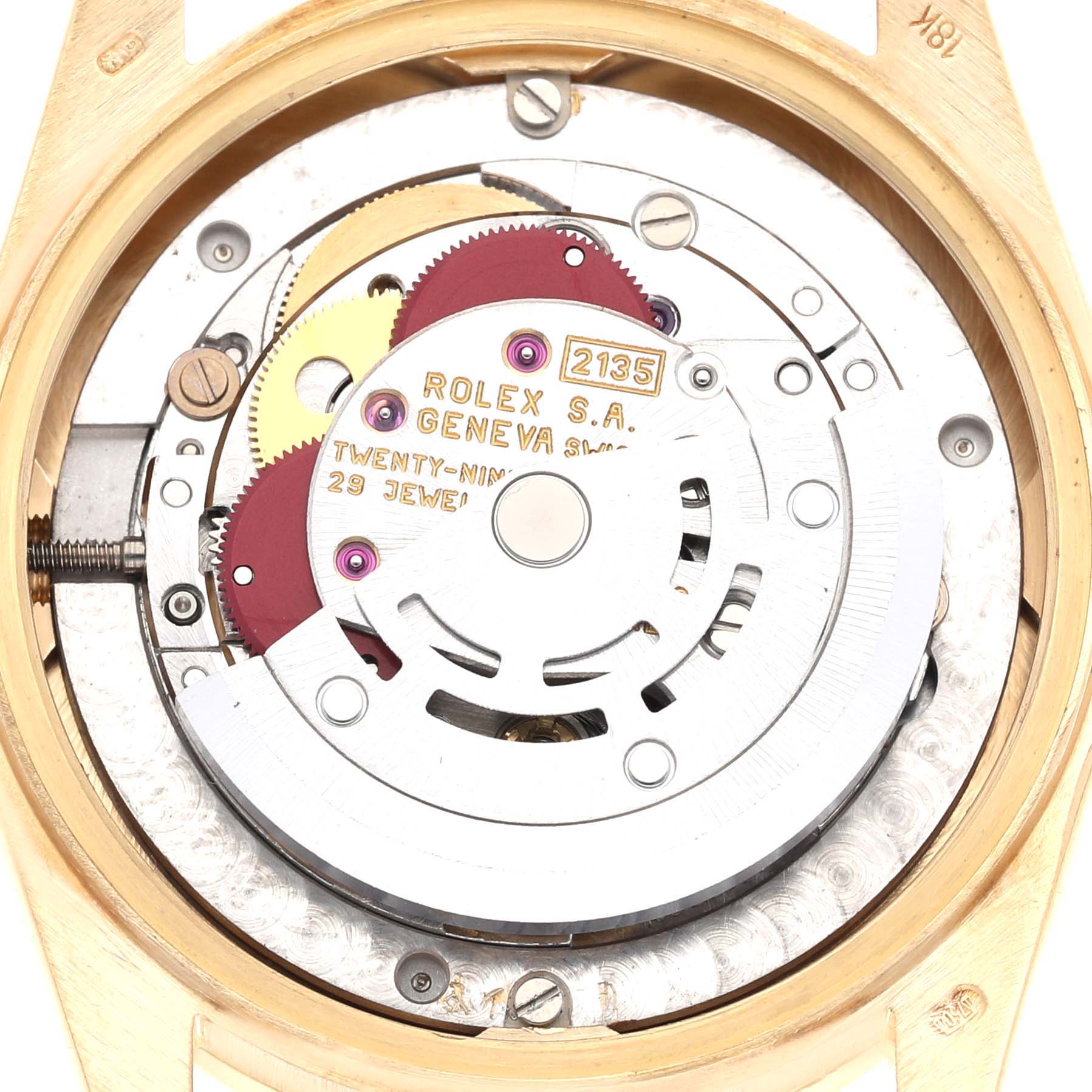 The image shows the internal mechanism of the Rolex President 68288 Women's Yellow Gold Blue Dial 68288 Women's Yellow Gold Blue Dial model watch from a top-down angle.