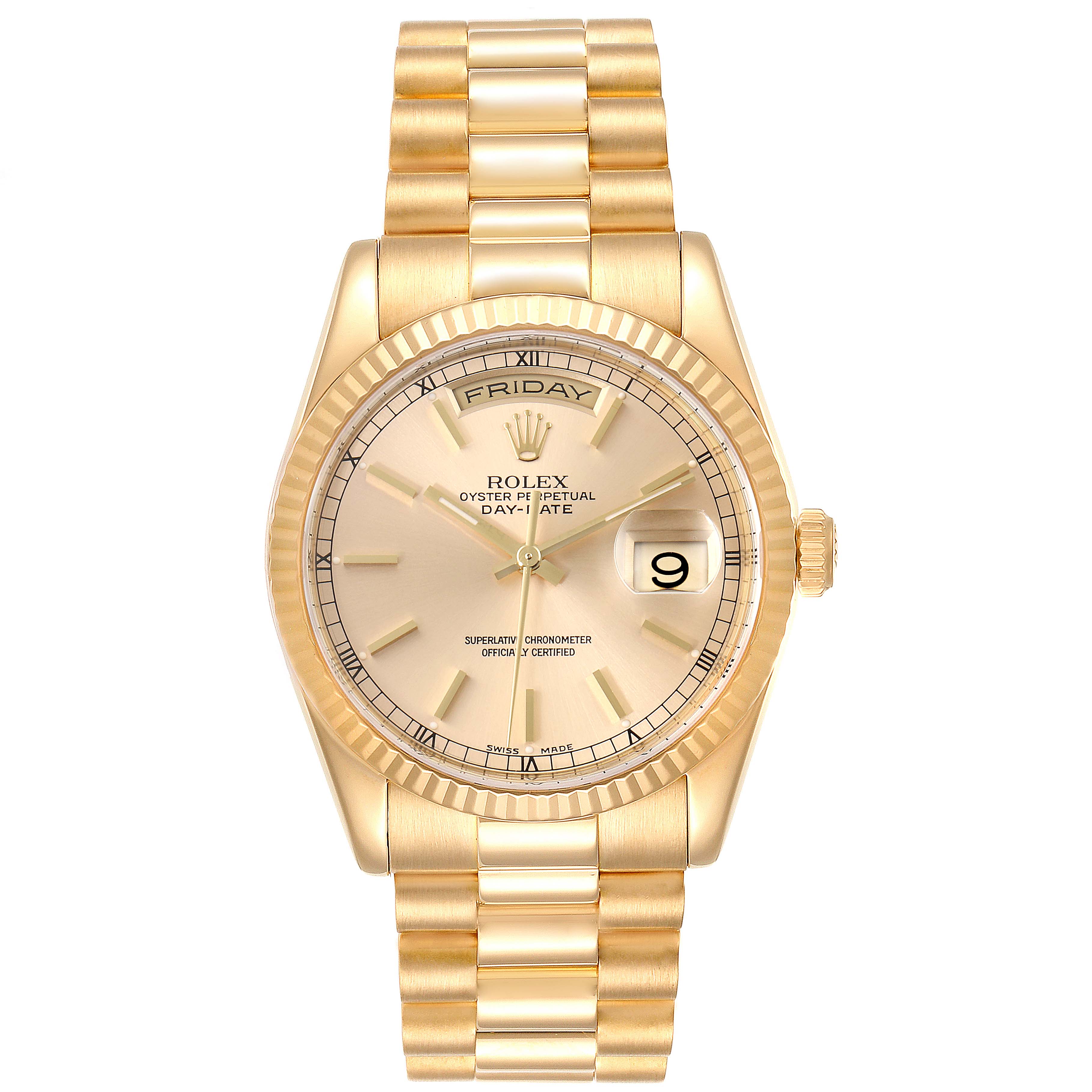 The image shows a front view of the Rolex President 118238 Men
s Yellow Gold Champagne Dial 118238 Men
s Yellow Gold Champagne Dial Oyster Perpetual Day-Date watch, including the dial, bezel, bracelet, and crown.