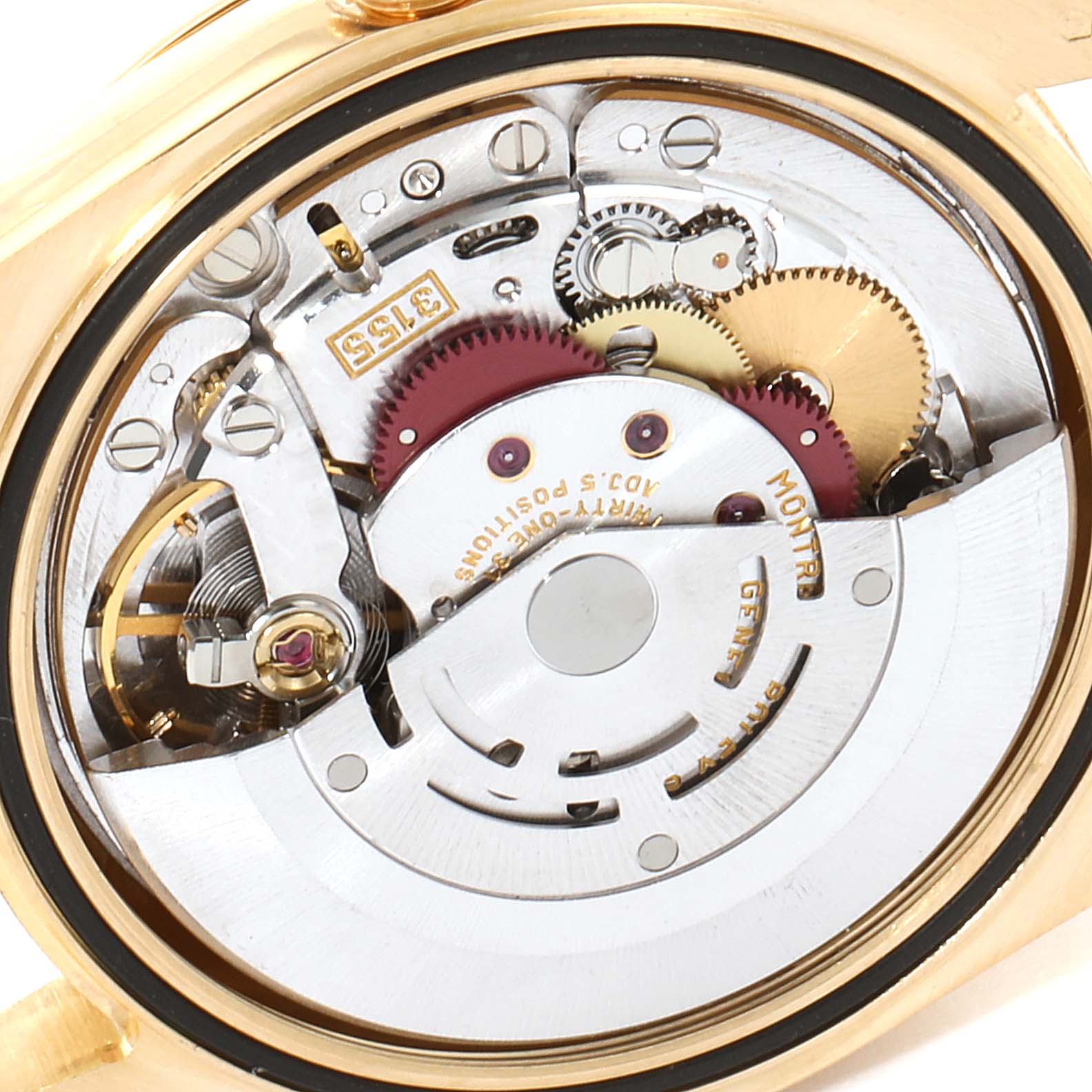 This image shows the internal mechanical movement of a Rolex President 118238 Men
s Yellow Gold Champagne Dial 118238 Men
s Yellow Gold Champagne Dial model watch from a back angle.