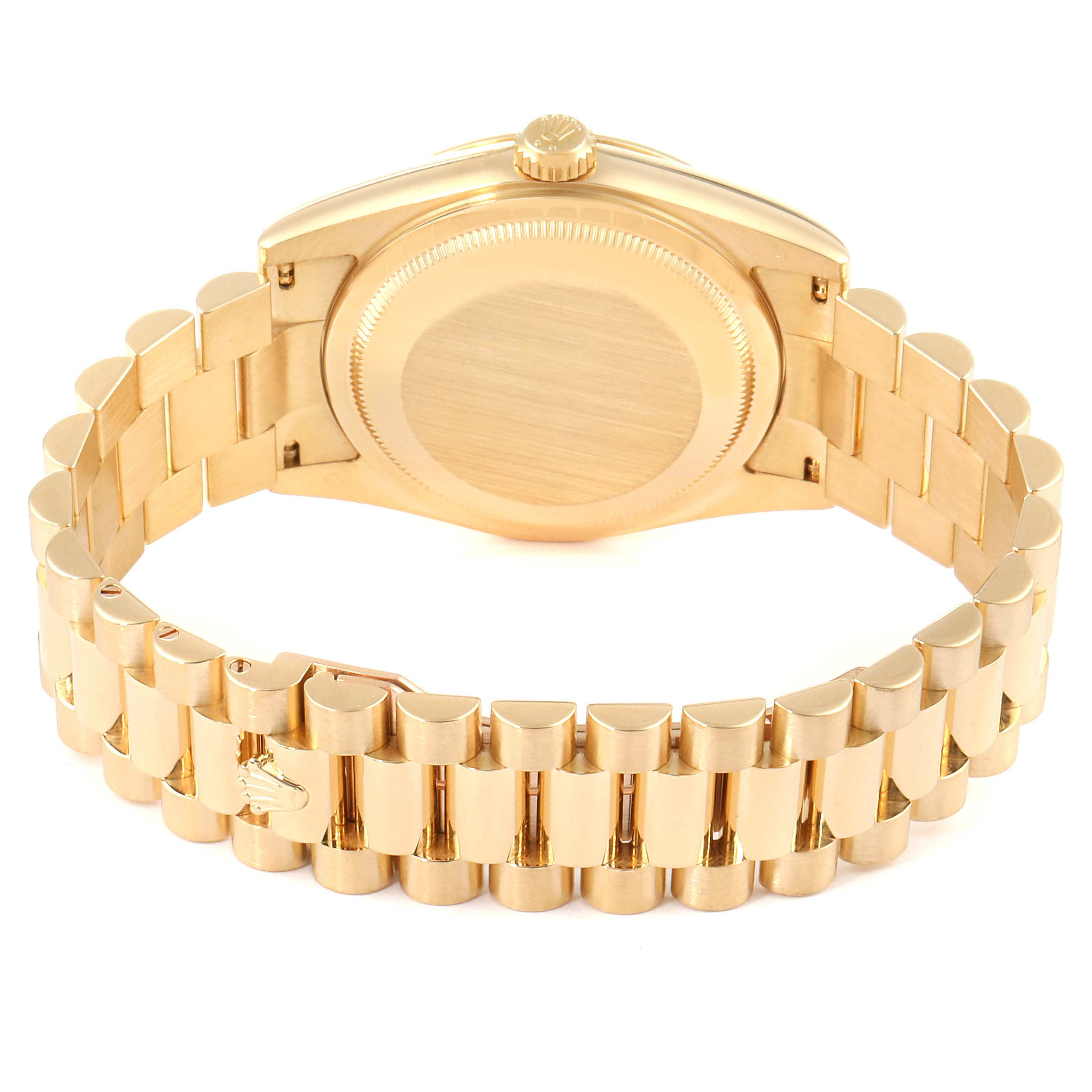 The image shows the back view of the Rolex President 118238 Men
s Yellow Gold Champagne Dial 118238 Men
s Yellow Gold Champagne Dial model watch, highlighting the bracelet and case back.