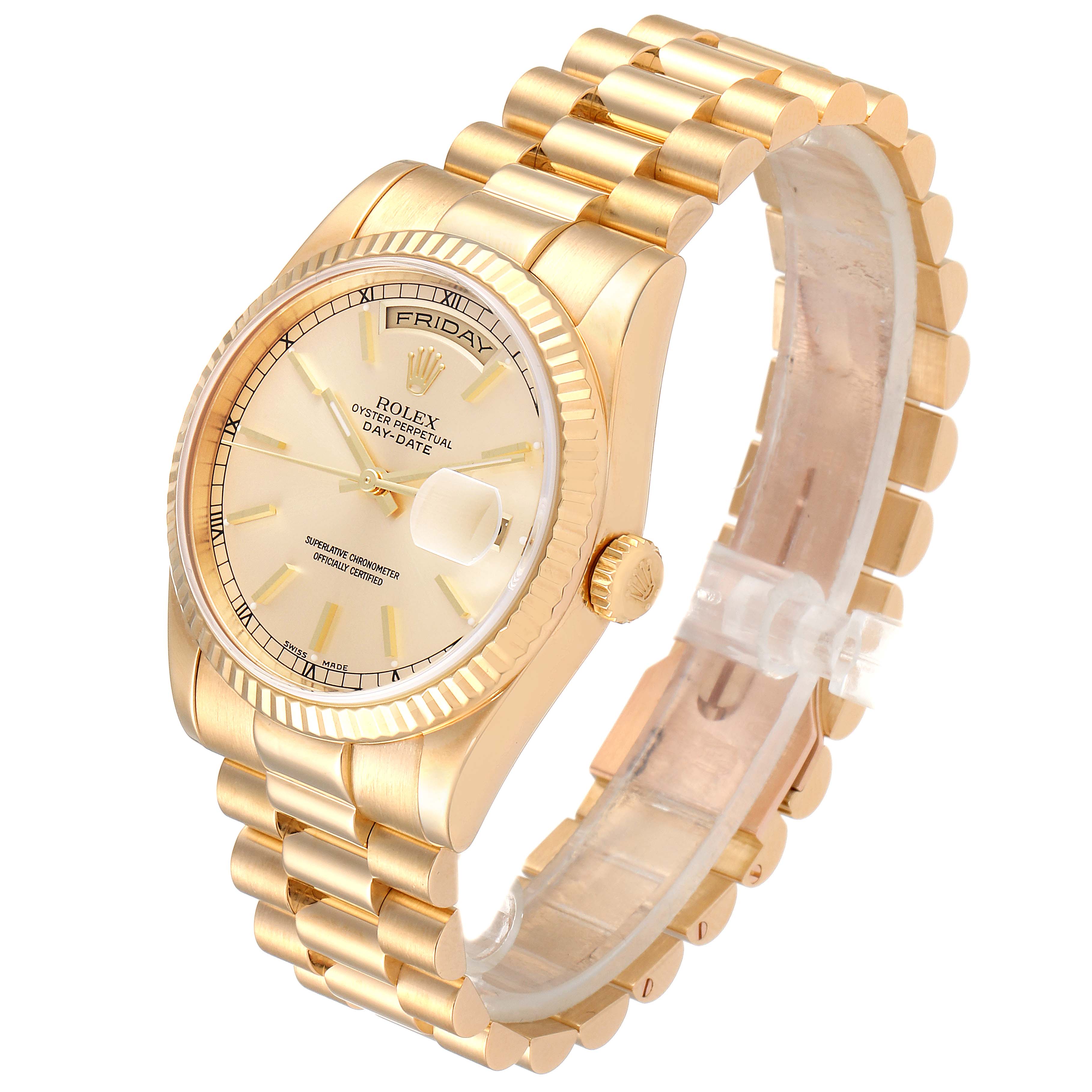 This is a gold Rolex President 118238 Men
s Yellow Gold Champagne Dial 118238 Men
s Yellow Gold Champagne Dial model watch shown from an angled perspective, highlighting the face, bezel, and bracelet.
