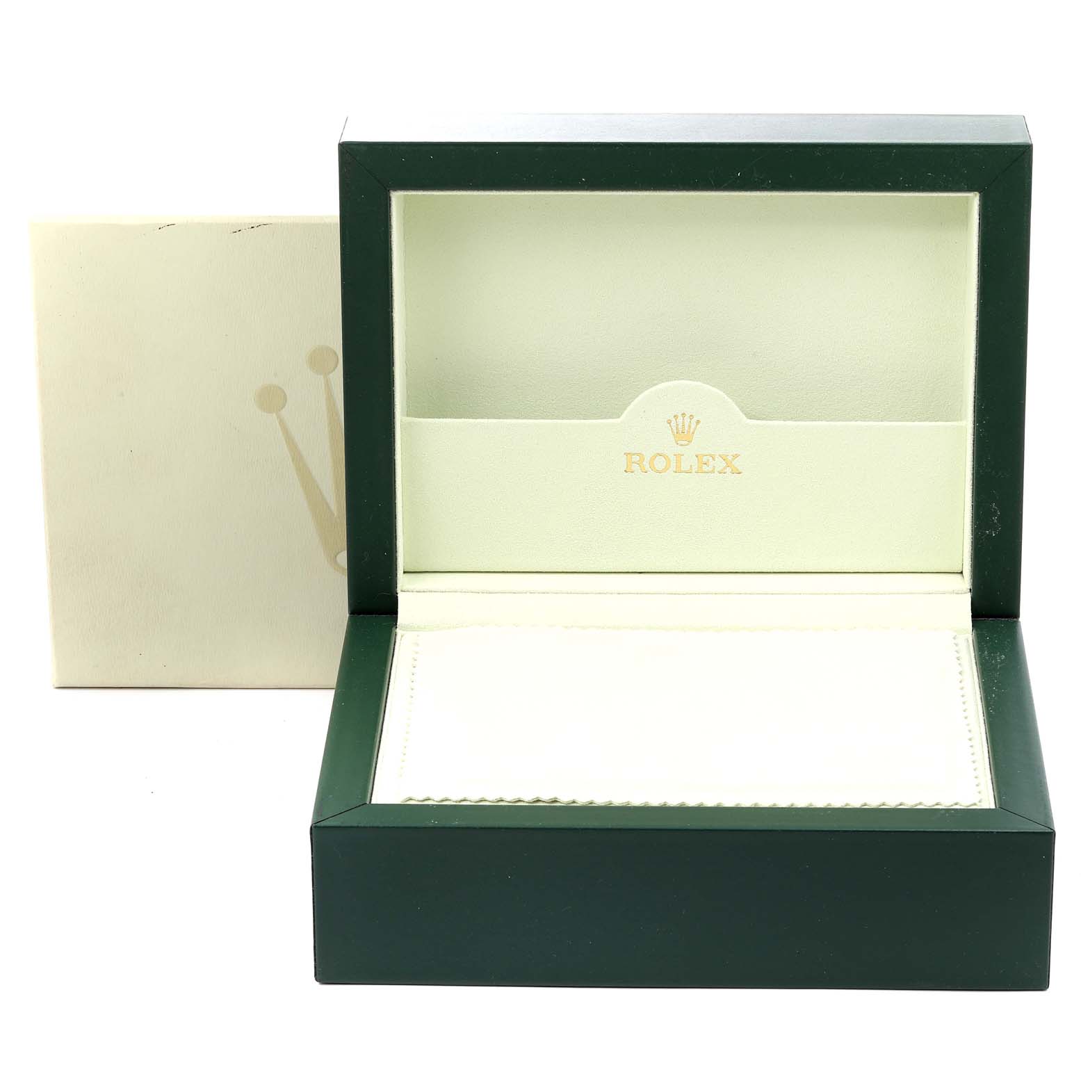 This image shows an open Rolex watch box, likely for the President model, displaying the inner lining and logo.