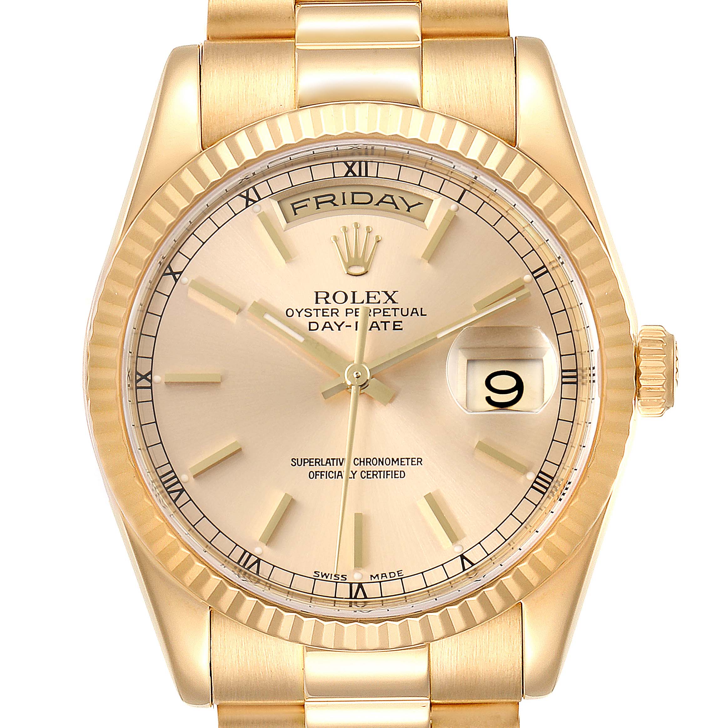This image shows a Rolex President 118238 Men
s Yellow Gold Champagne Dial 118238 Men
s Yellow Gold Champagne Dial model watch from the front, highlighting its dial, bezel, day, date, and part of the bracelet.