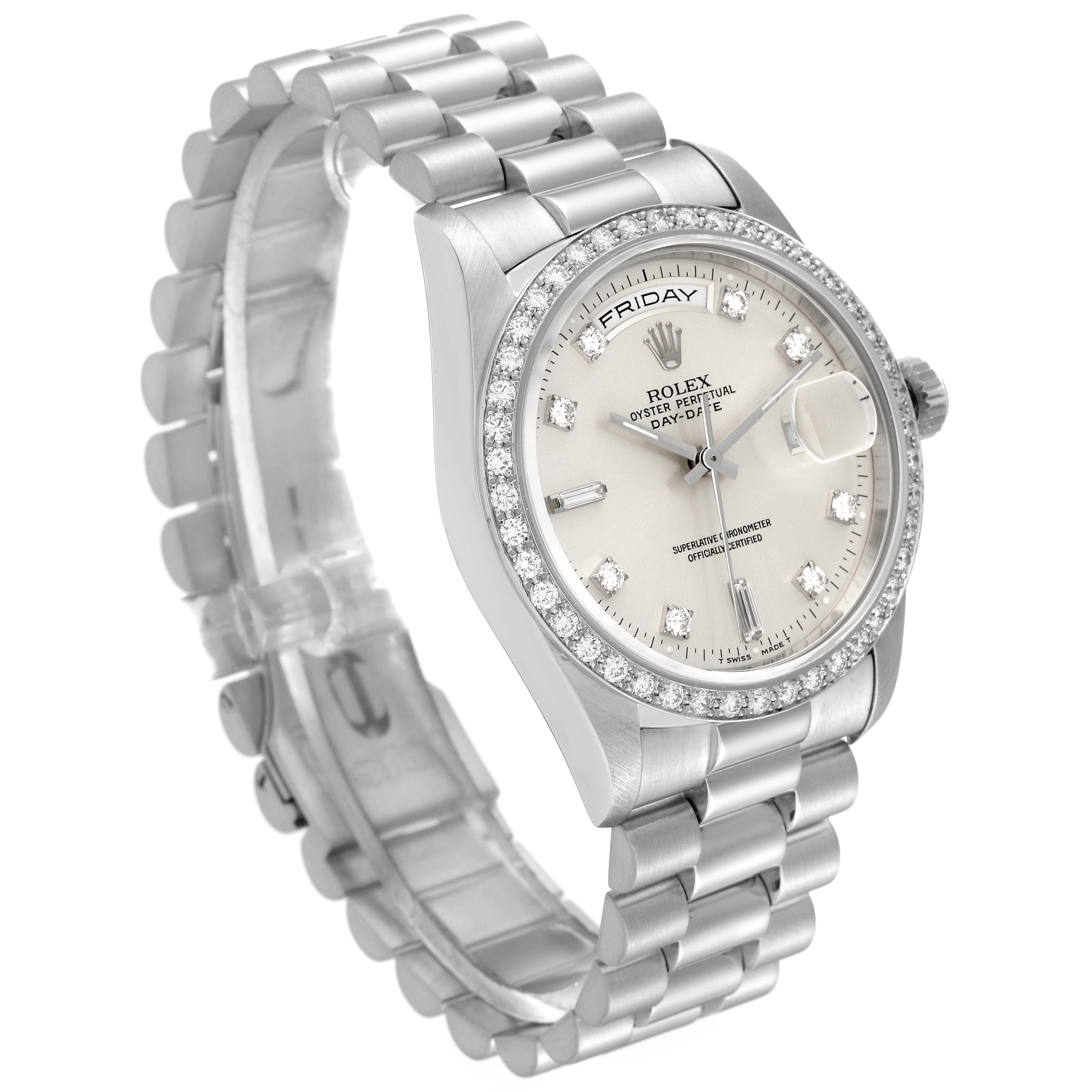 This image shows a Rolex President 18346 Men's Platinum Silver Dial 18346 Men's Platinum Silver Dial model watch from an angled side view, highlighting the dial, bezel, and bracelet.