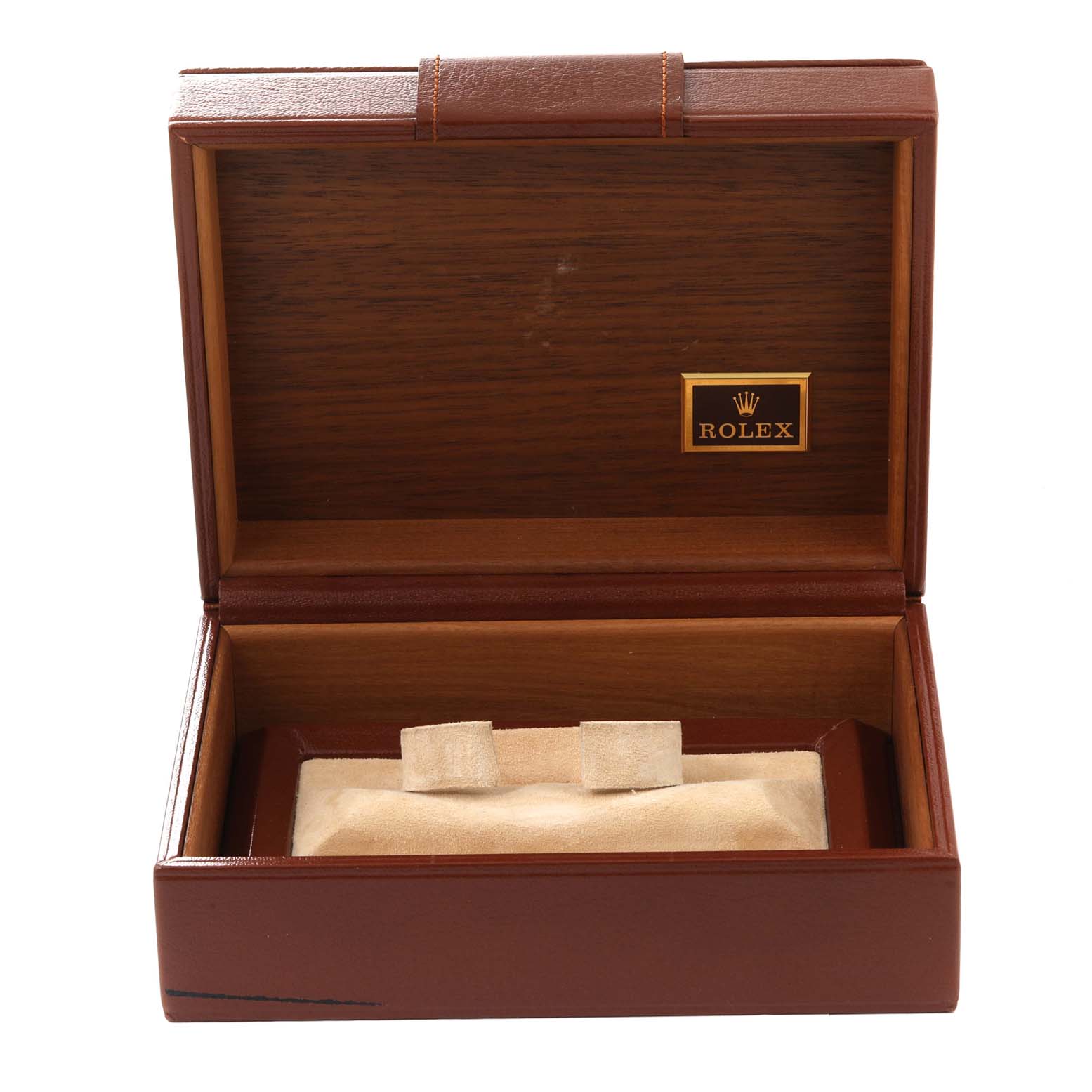This image shows an open Rolex watch box for the President model, featuring wooden interior and the Rolex logo.