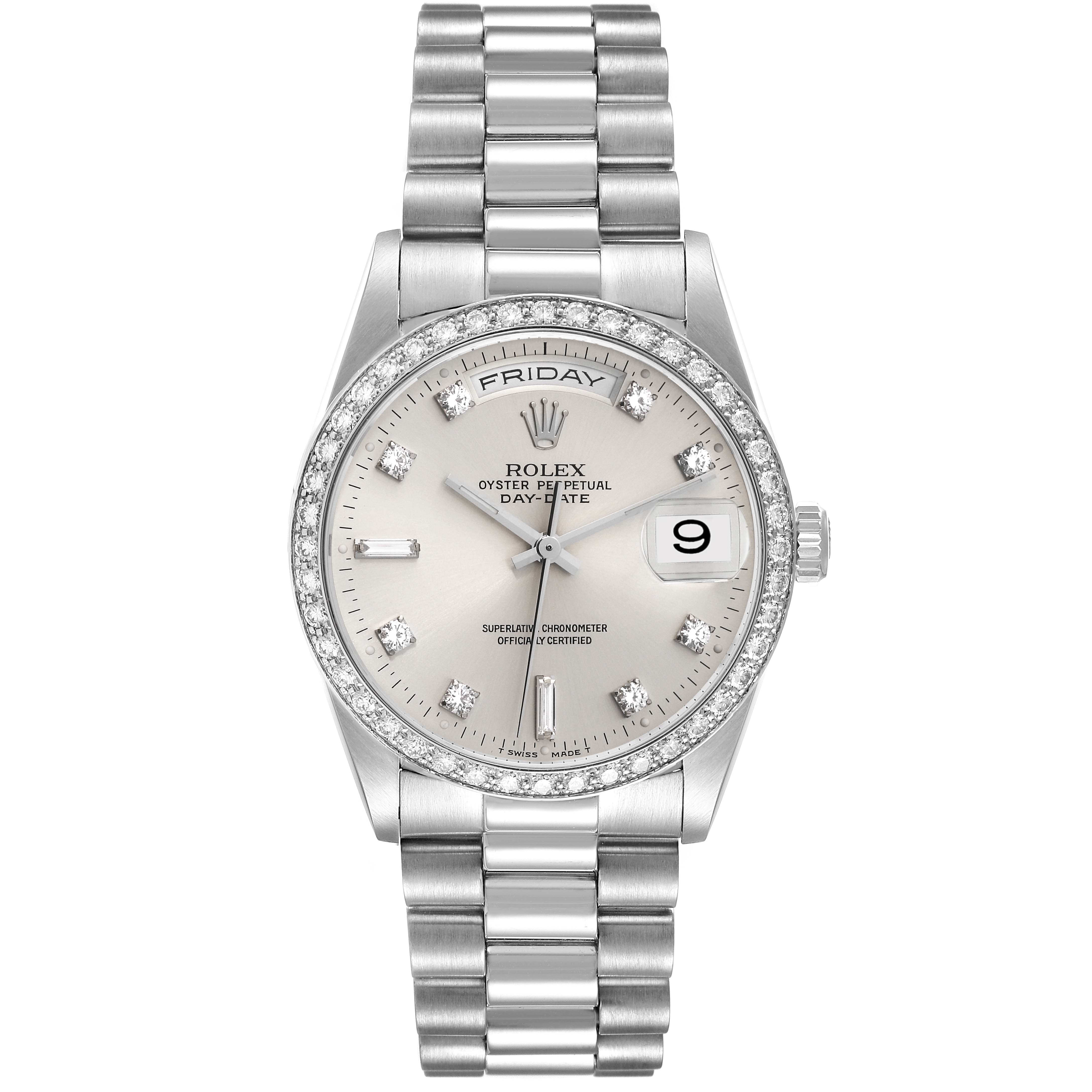 This Rolex President 18346 Men's Platinum Silver Dial 18346 Men's Platinum Silver Dial model watch is shown from a front angle, displaying its face, bracelet, and bezel.