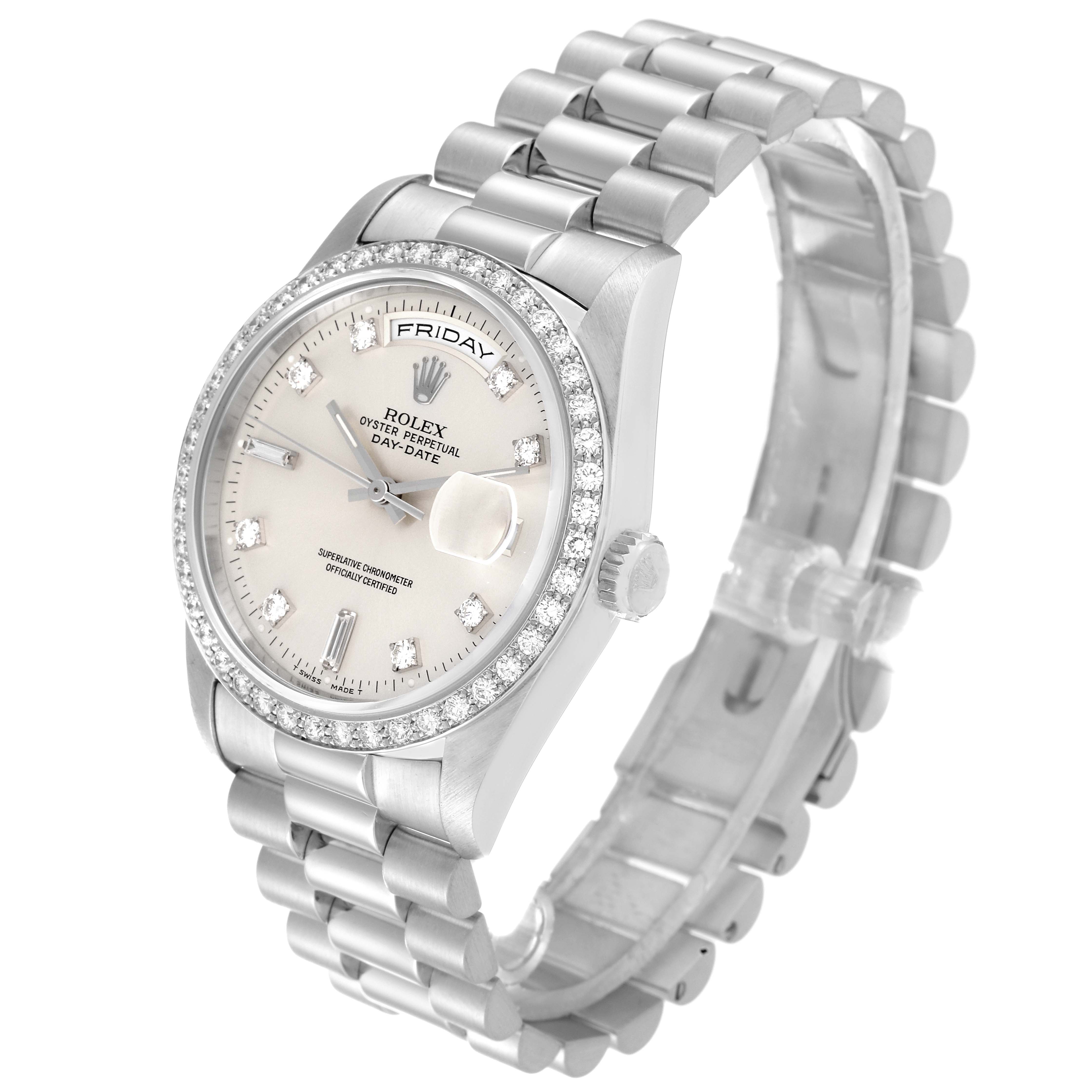 The President model by Rolex is shown at a slight angle, featuring the face, bezel, case, crown, and a portion of the bracelet.