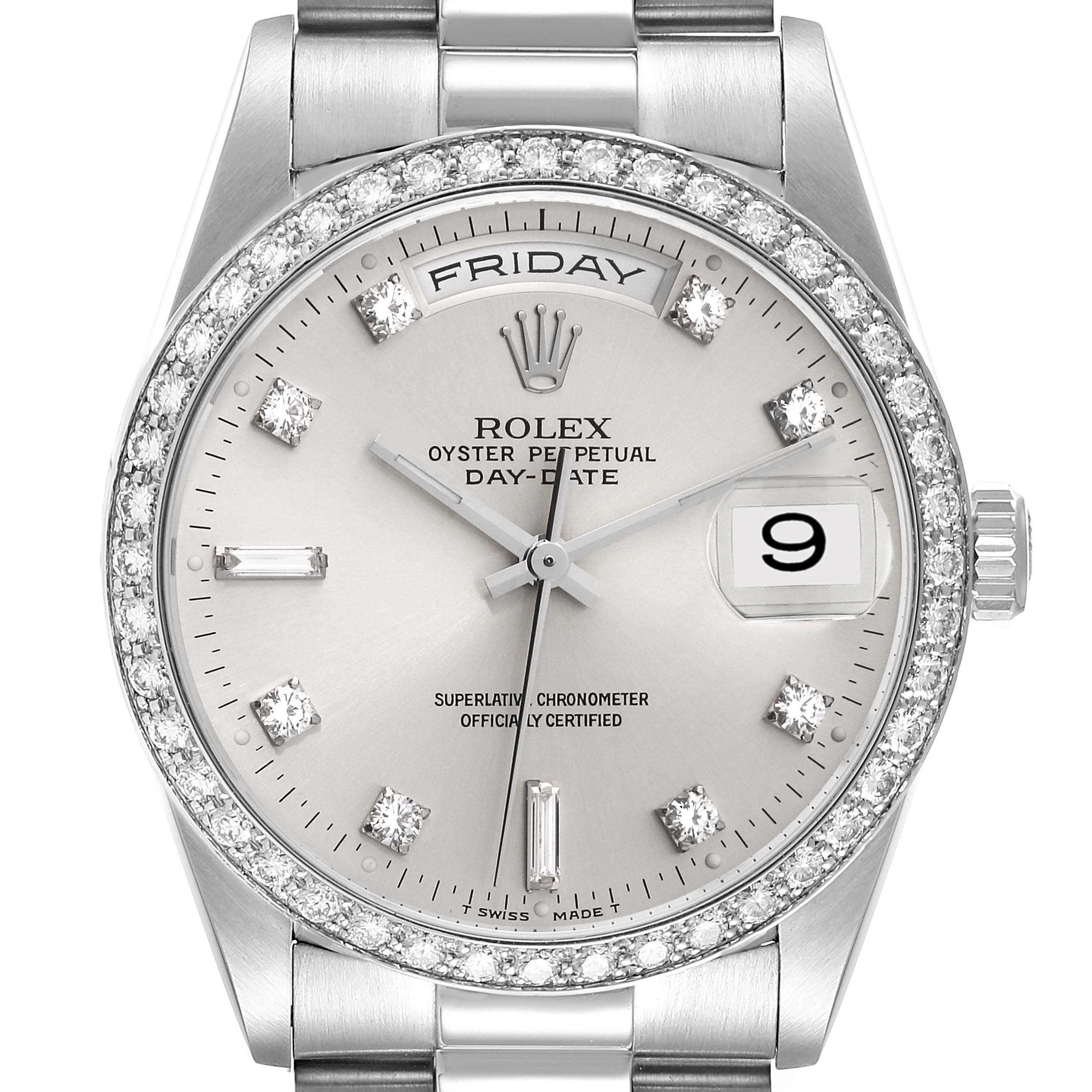 The image shows the face of a Rolex President 18346 Men's Platinum Silver Dial 18346 Men's Platinum Silver Dial model watch, featuring a diamond bezel, day and date displays, and silver hour markers.
