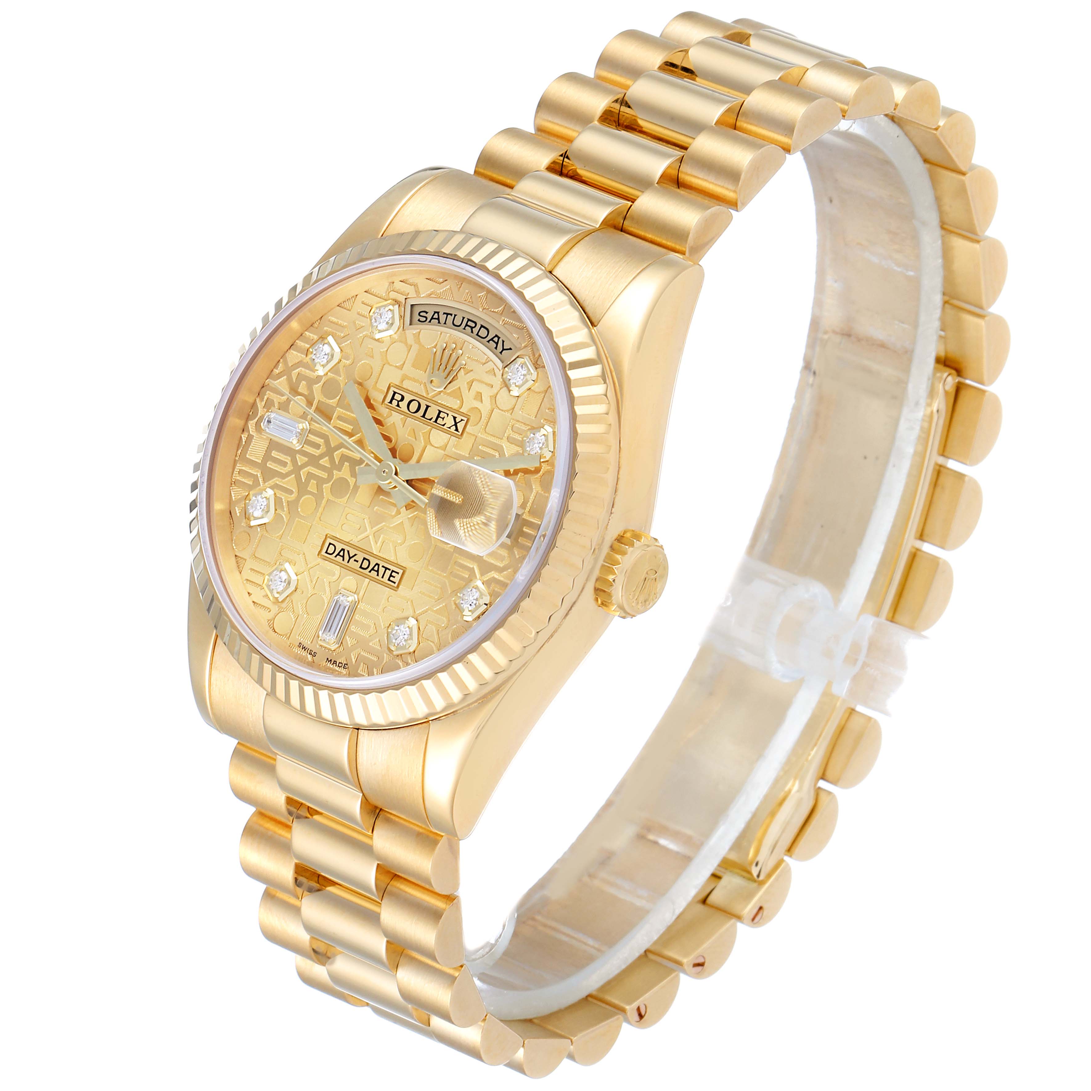The image shows a Rolex President 118238 Men
s Yellow Gold Champagne Dial 118238 Men
s Yellow Gold Champagne Dial model watch at a three-quarter angle, highlighting its gold bracelet and detailed dial.