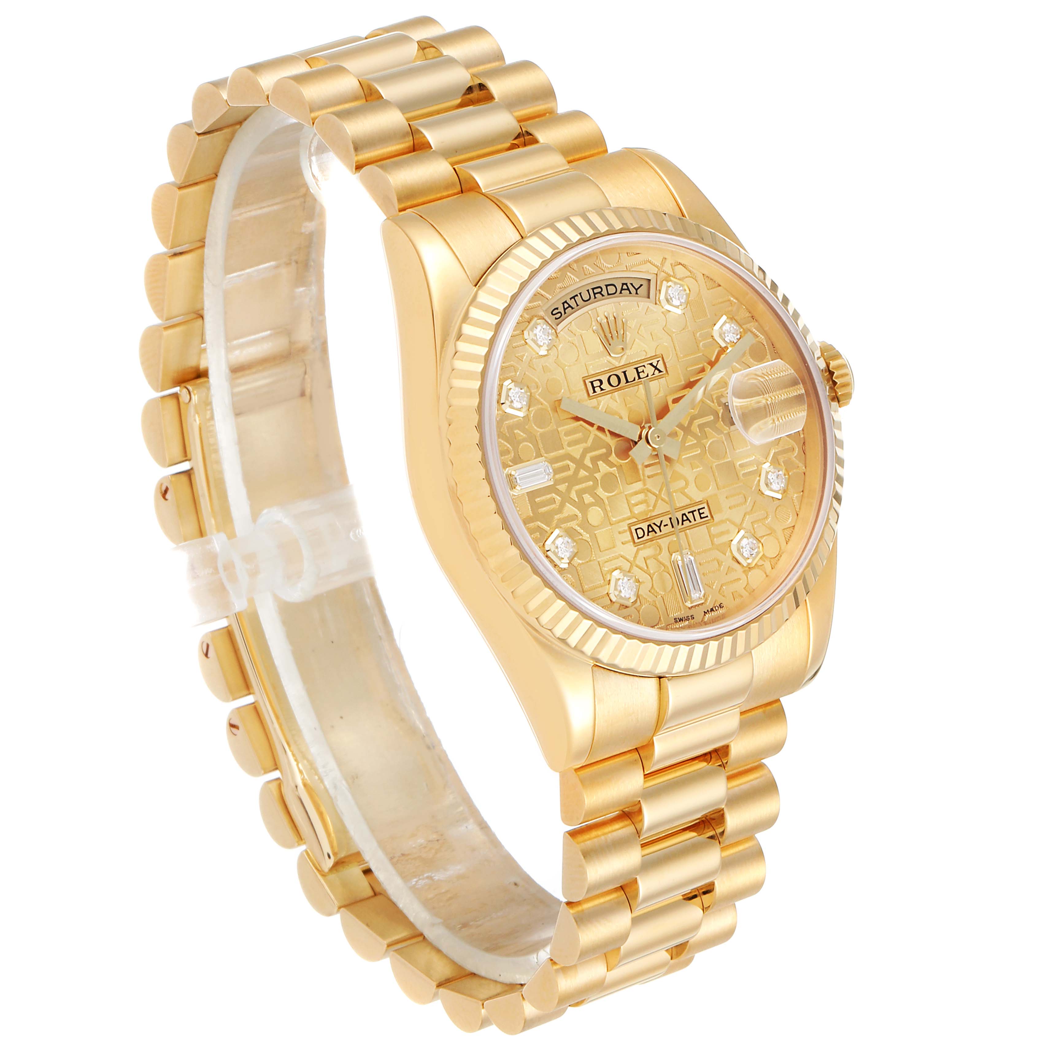 The Rolex President 118238 Men
s Yellow Gold Champagne Dial 118238 Men
s Yellow Gold Champagne Dial model watch is shown at an oblique angle, highlighting its bracelet, dial, and case.