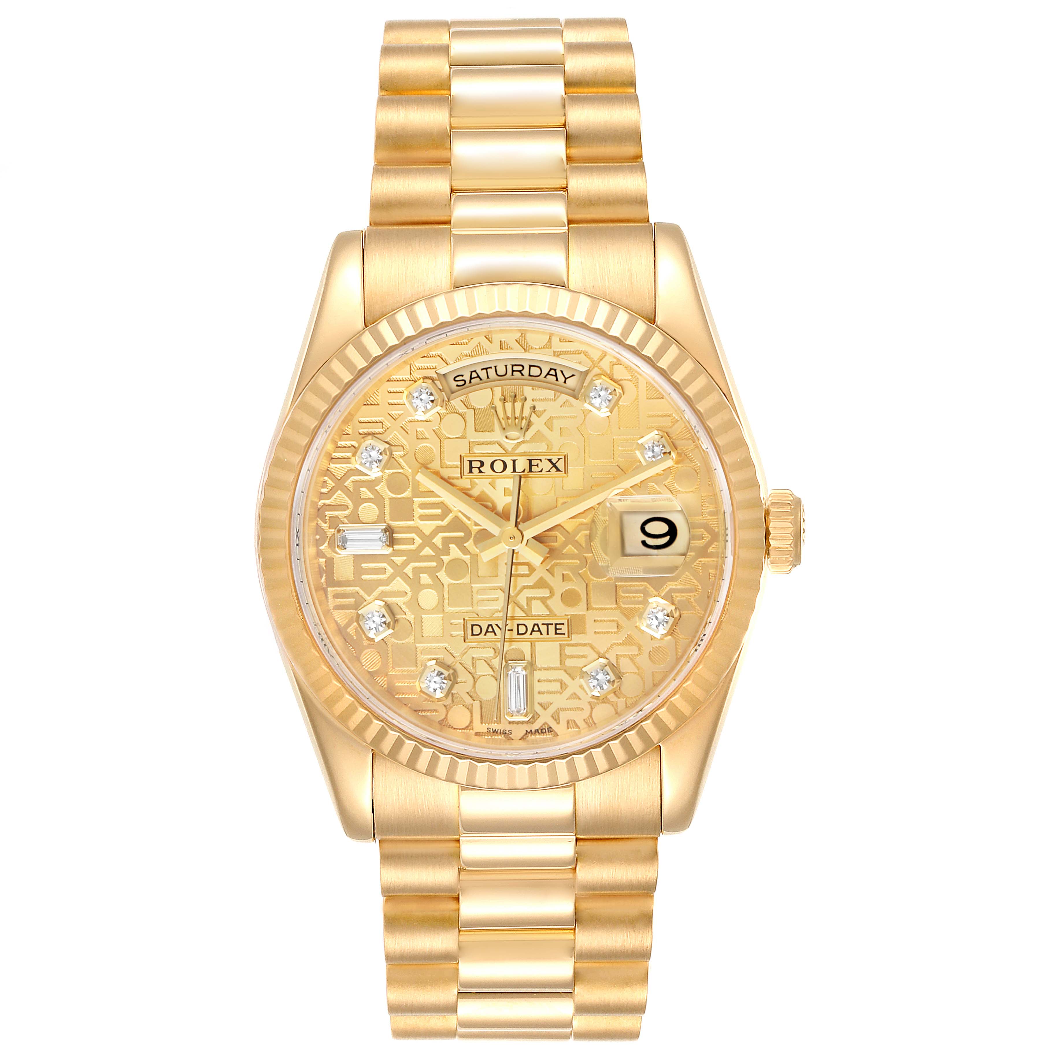 The image shows a front view of a Rolex President 118238 Men
s Yellow Gold Champagne Dial 118238 Men
s Yellow Gold Champagne Dial model watch, highlighting its dial, bracelet, and day-date features.