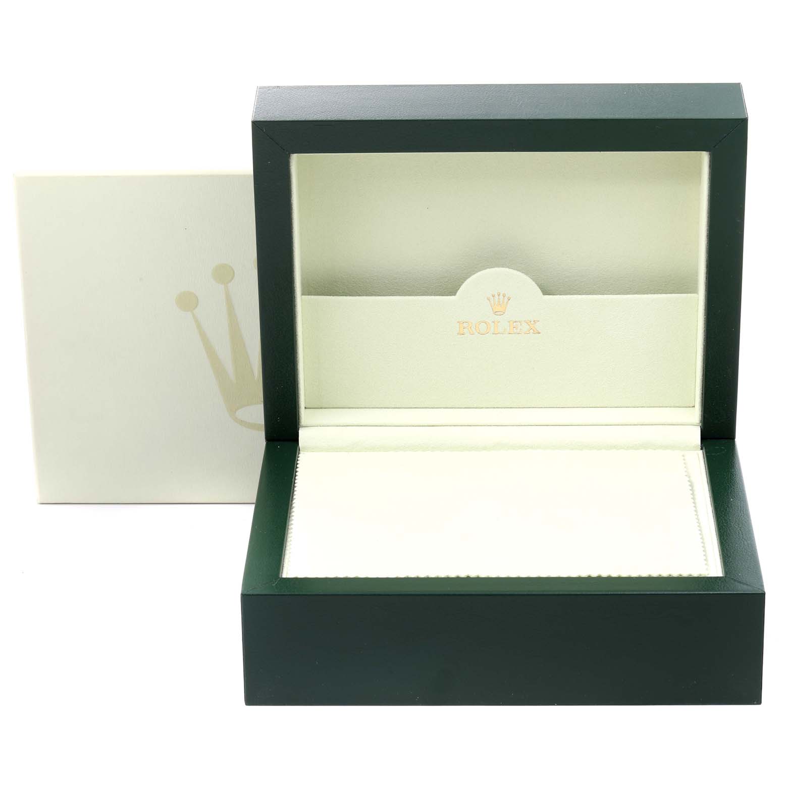 The image shows an open Rolex President 118238 Men
s Yellow Gold Champagne Dial 118238 Men
s Yellow Gold Champagne Dial watch box from a front angle, revealing the interior compartments.