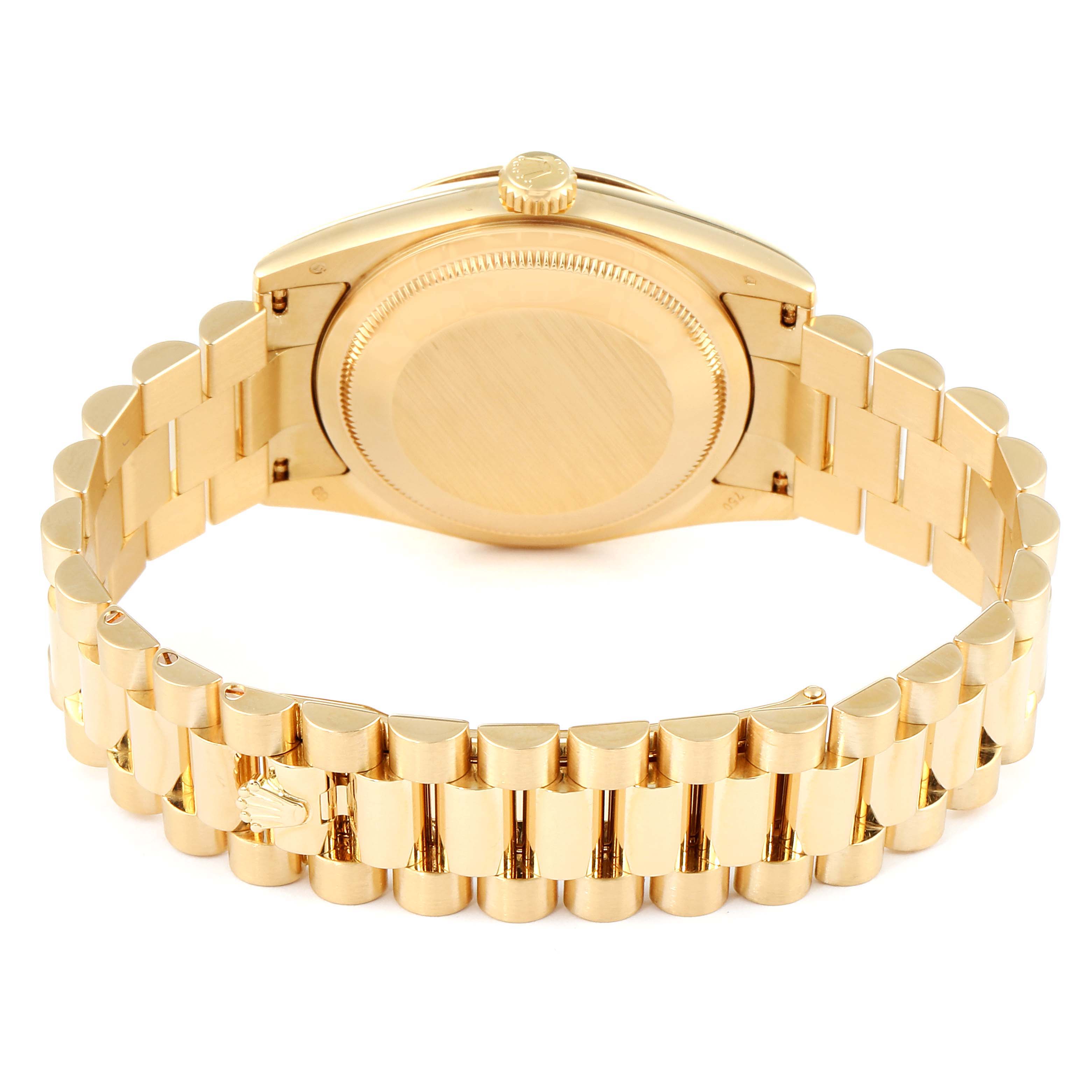 The image shows the back case and bracelet of a Rolex President 118238 Men
s Yellow Gold Champagne Dial 118238 Men
s Yellow Gold Champagne Dial model watch from a rear angle.