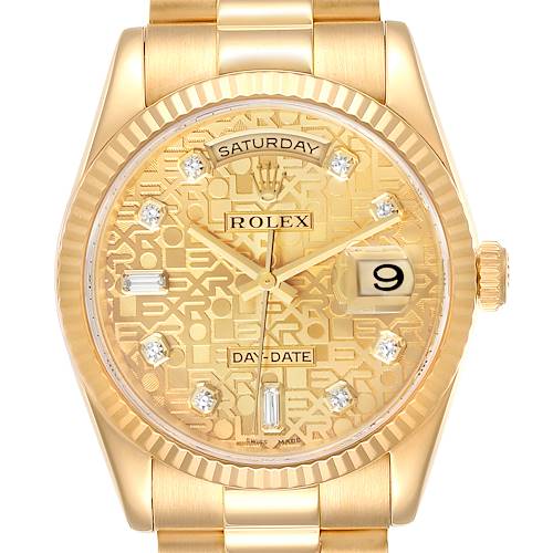 This image shows a front view of the Rolex President model watch, highlighting its gold dial, day-date display, and diamond hour markers.