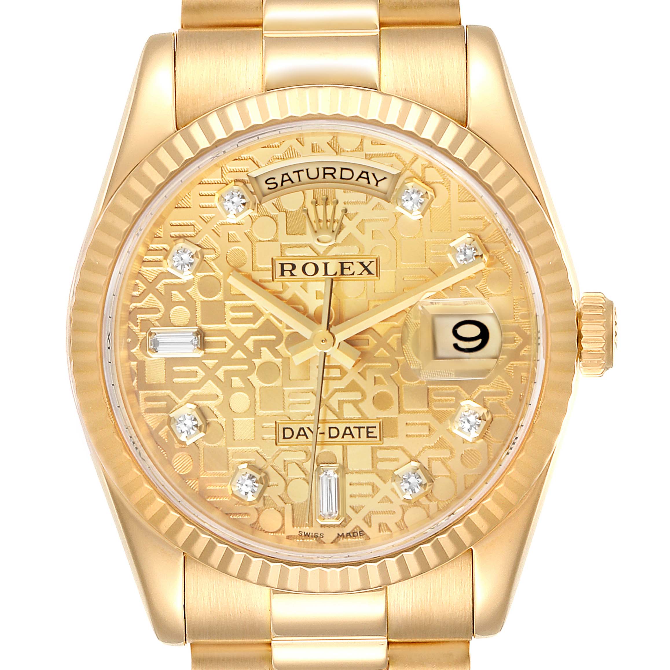 The image shows a front view of the Rolex President 118238 Men
s Yellow Gold Champagne Dial 118238 Men
s Yellow Gold Champagne Dial model watch, highlighting the dial, bezel, and part of the bracelet.