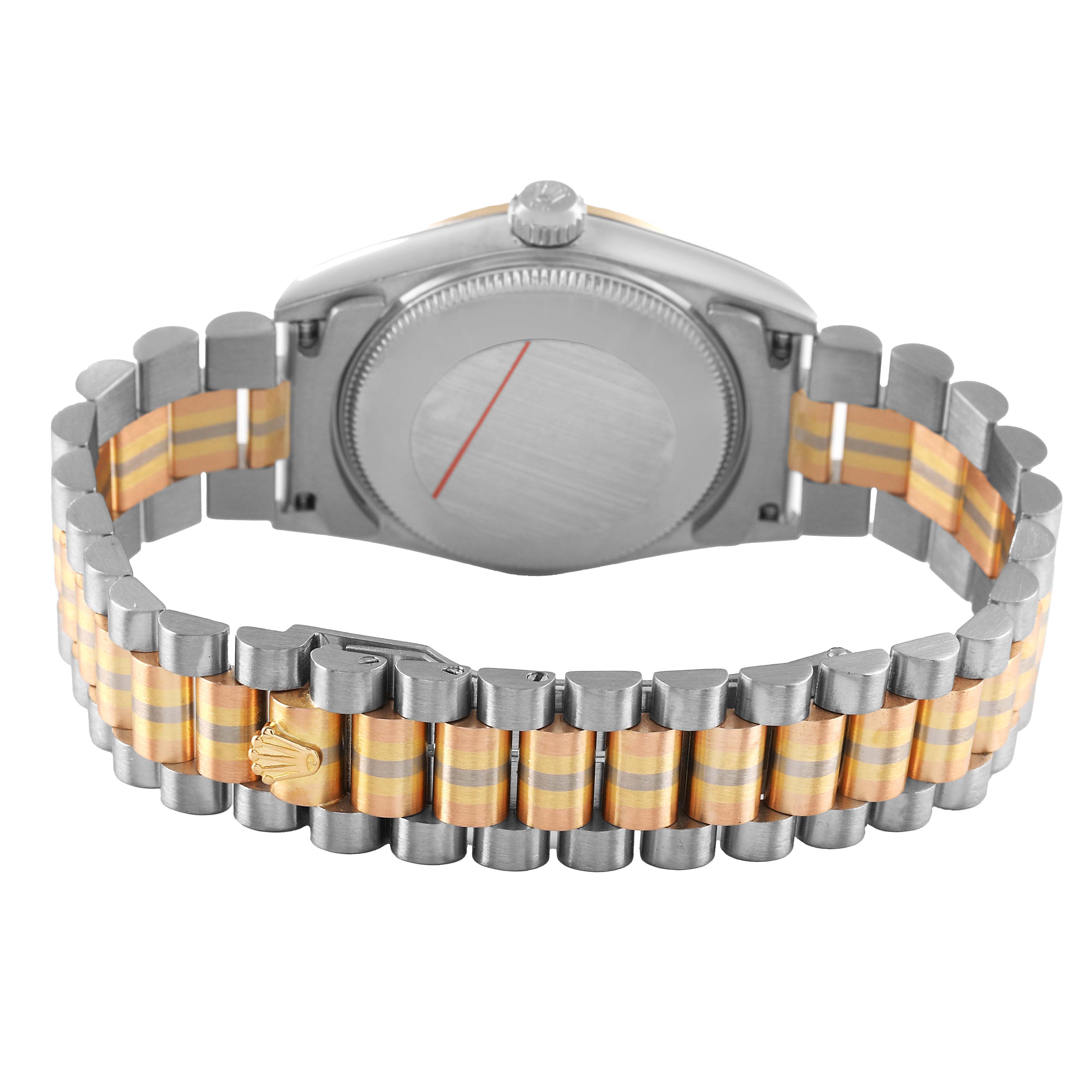 The image shows the back view of a Rolex President 68279 Women's White Gold Brown Dial watch, highlighting its two-tone bracelet and clasp with the signature crown logo.