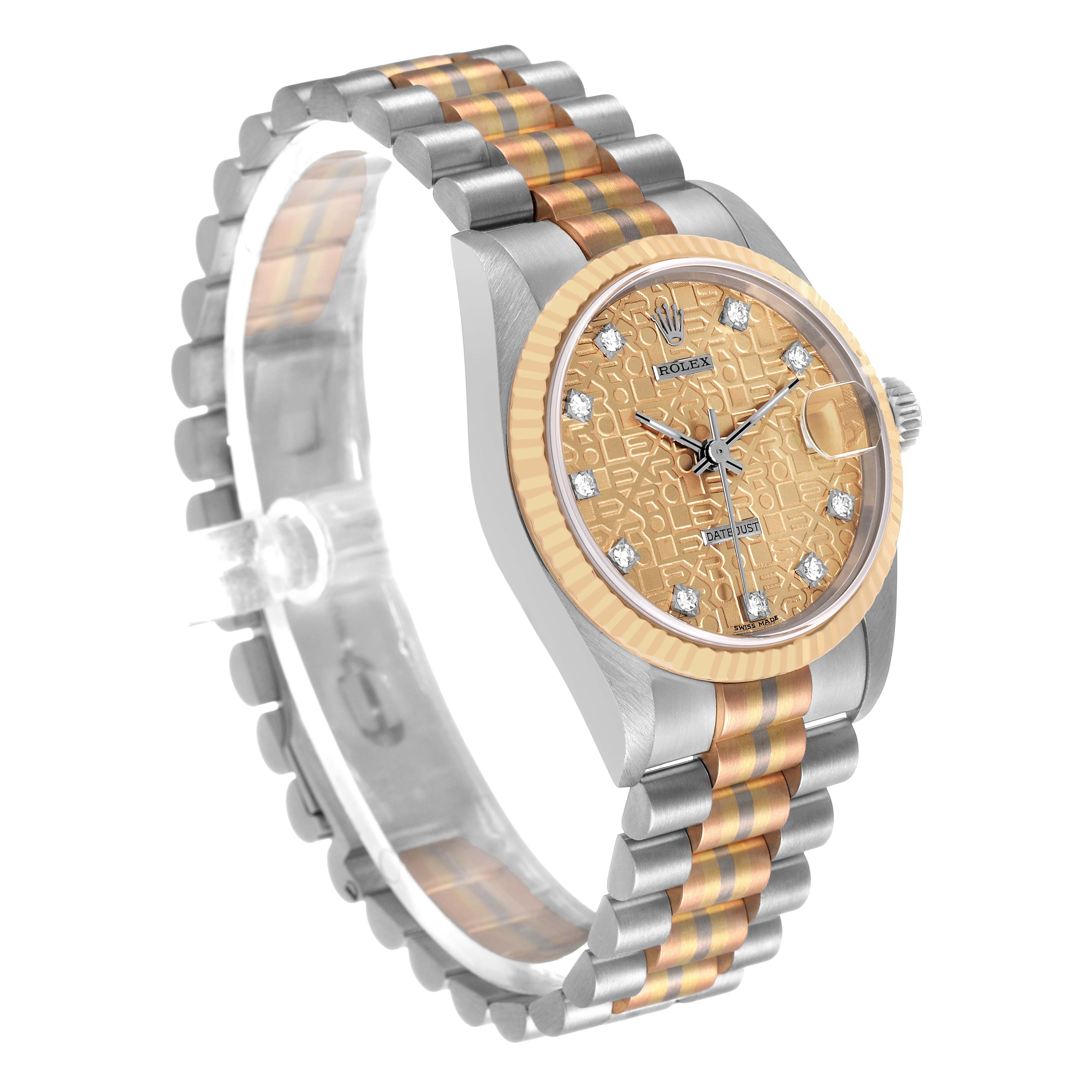 The Rolex President 68279 Women's White Gold Brown Dial model is shown at a three-quarter angle, displaying its gold and silver case, bracelet, and patterned dial.
