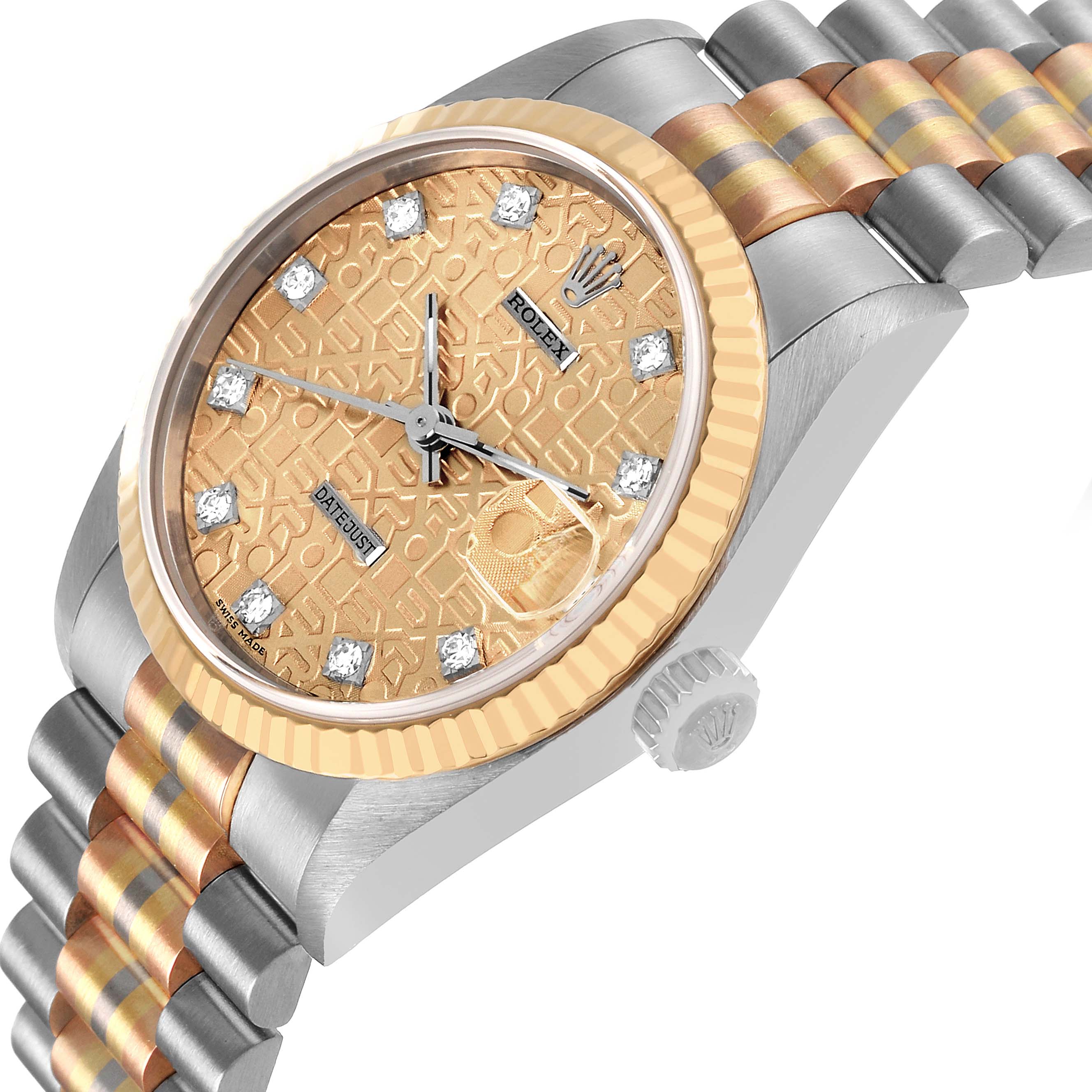 The Rolex President 68279 Women's White Gold Brown Dial model is shown at an angle displaying the dial, bezel, crown, and part of the bracelet.