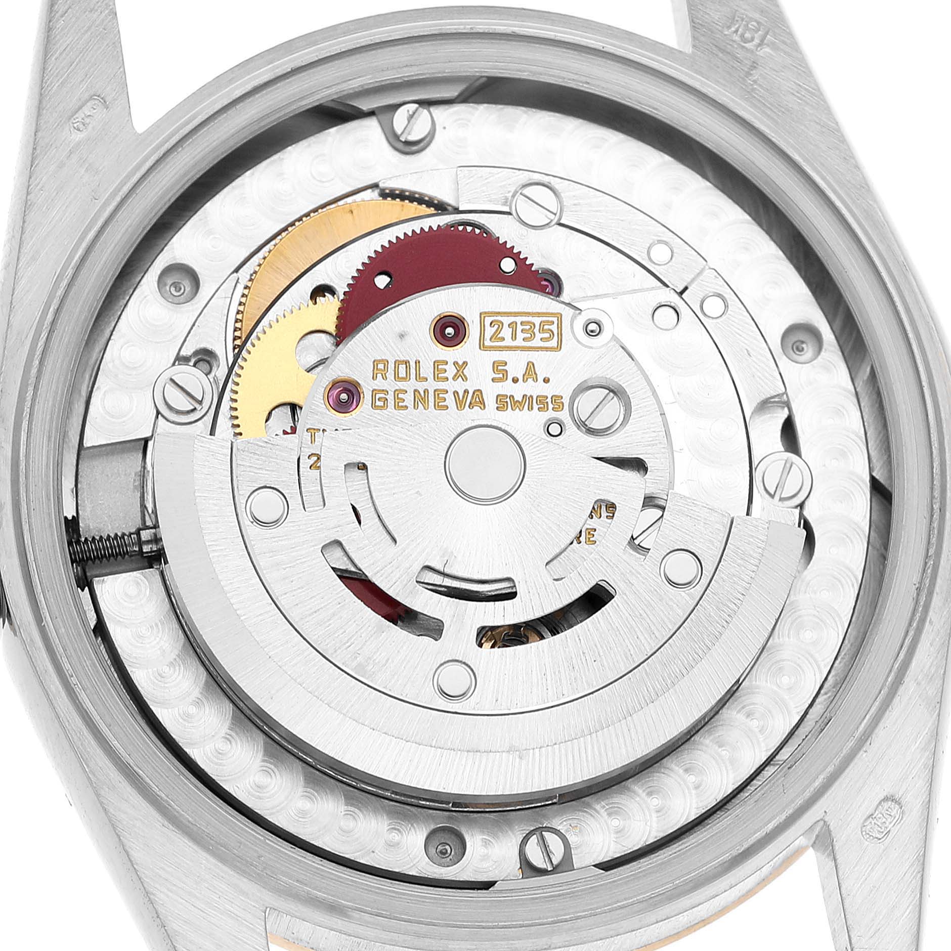 The image shows the internal mechanism of a Rolex President 68279 Women's White Gold Brown Dial watch, viewed from the back.