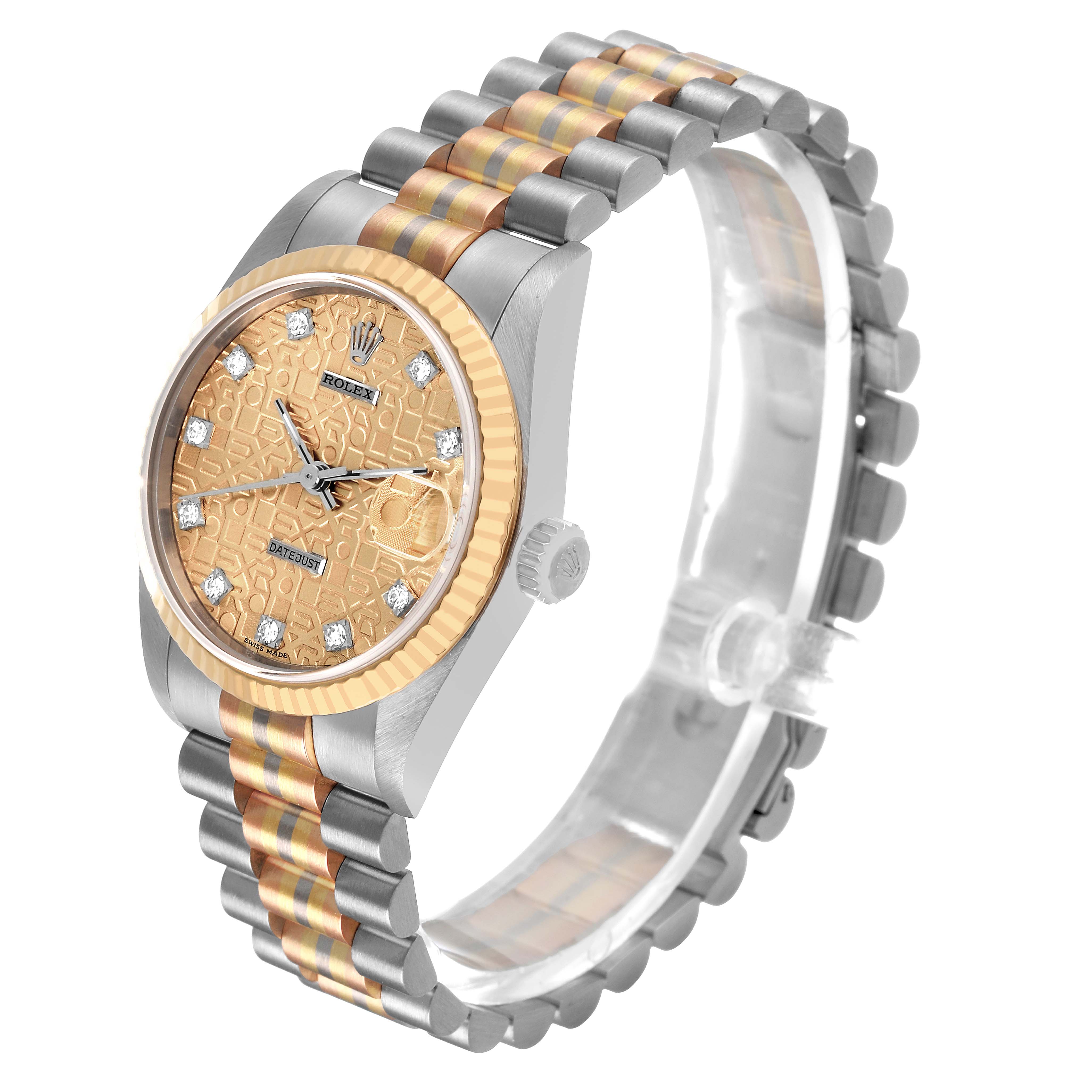 The Rolex President 68279 Women's White Gold Brown Dial watch is shown at a tilted angle, highlighting the gold and silver bracelet, fluted bezel, and diamond-accented dial.