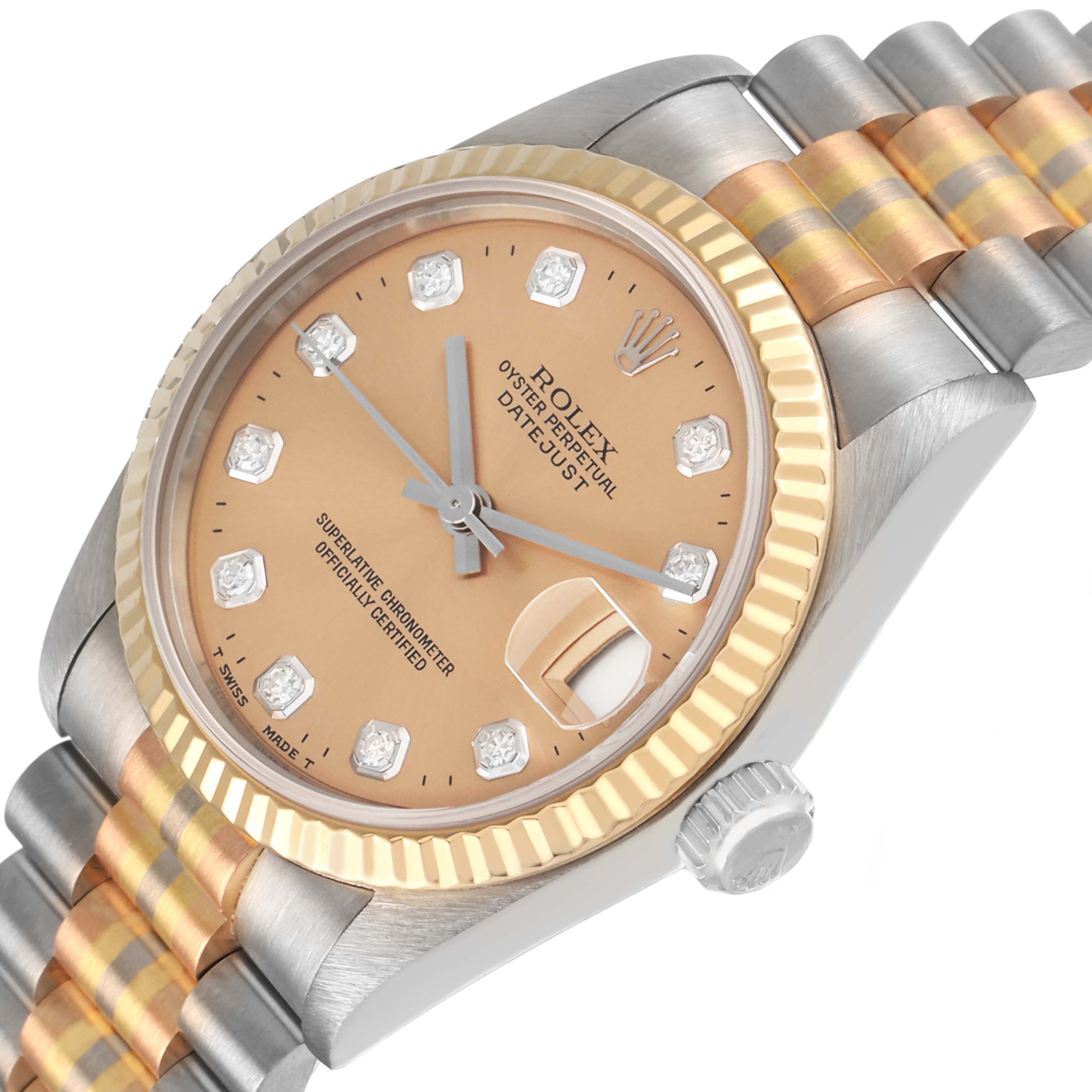 The Rolex President 68279 Women's White Gold Brown Dial watch is shown at an angled close-up, highlighting its fluted bezel, champagne dial, and diamond hour markers.