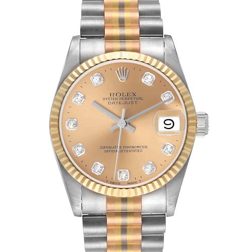 The Rolex President 68279 Women's White Gold Brown Dial model watch is shown from the front, displaying its dial, bezel, and part of the bracelet.