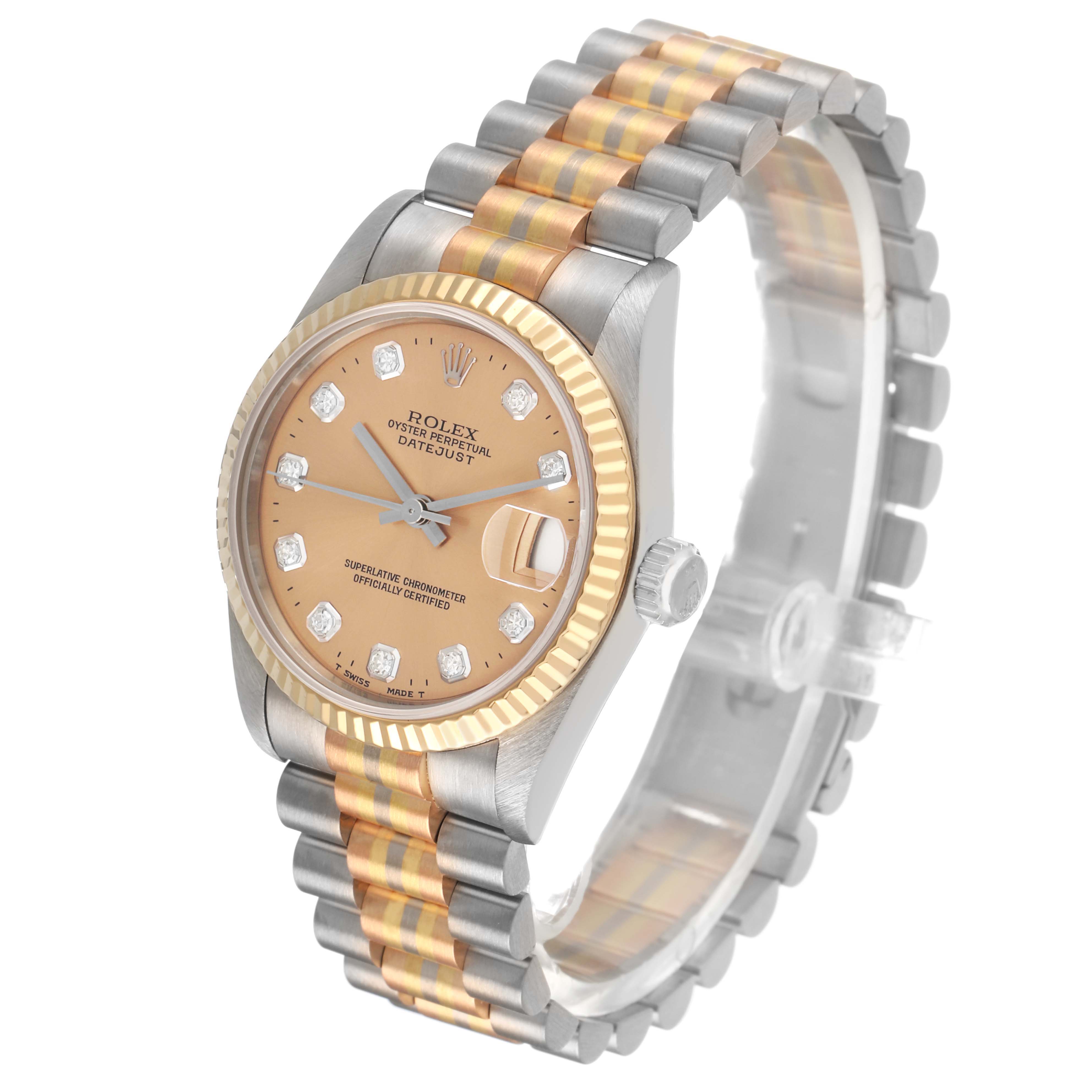 The Rolex President 68279 Women's White Gold Brown Dial watch is shown from a three-quarter angle, highlighting its two-tone bracelet, bezel, and face details.