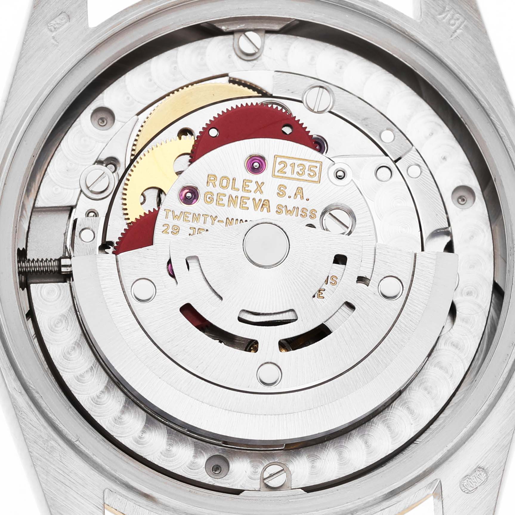 The image shows an overhead view of the Rolex President 68279 Women's White Gold Brown Dial watch's movement, highlighting gears, rotor, and engravings.