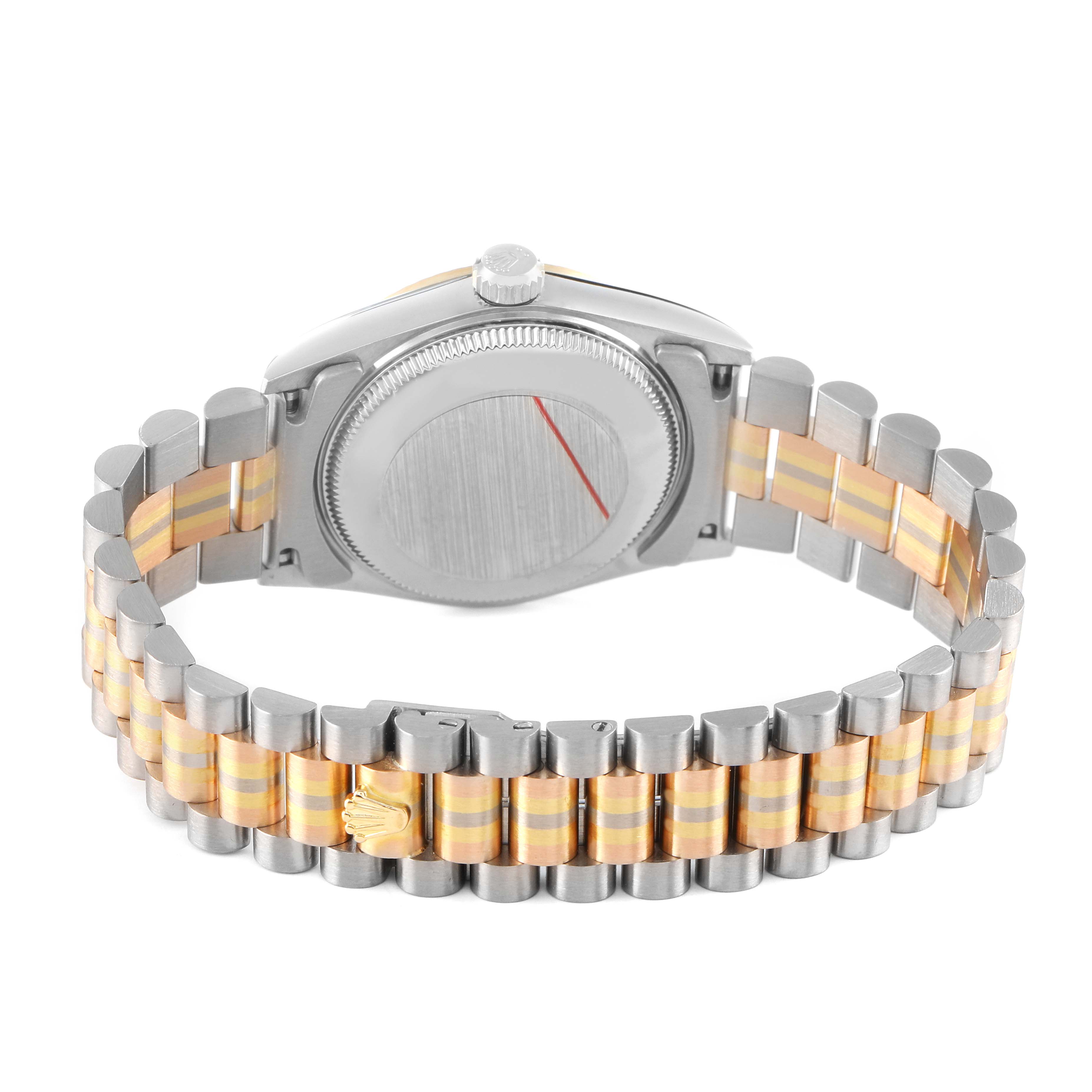 The image shows the back casing and bracelet of a Rolex President 68279 Women's White Gold Brown Dial model watch from a rear angle.