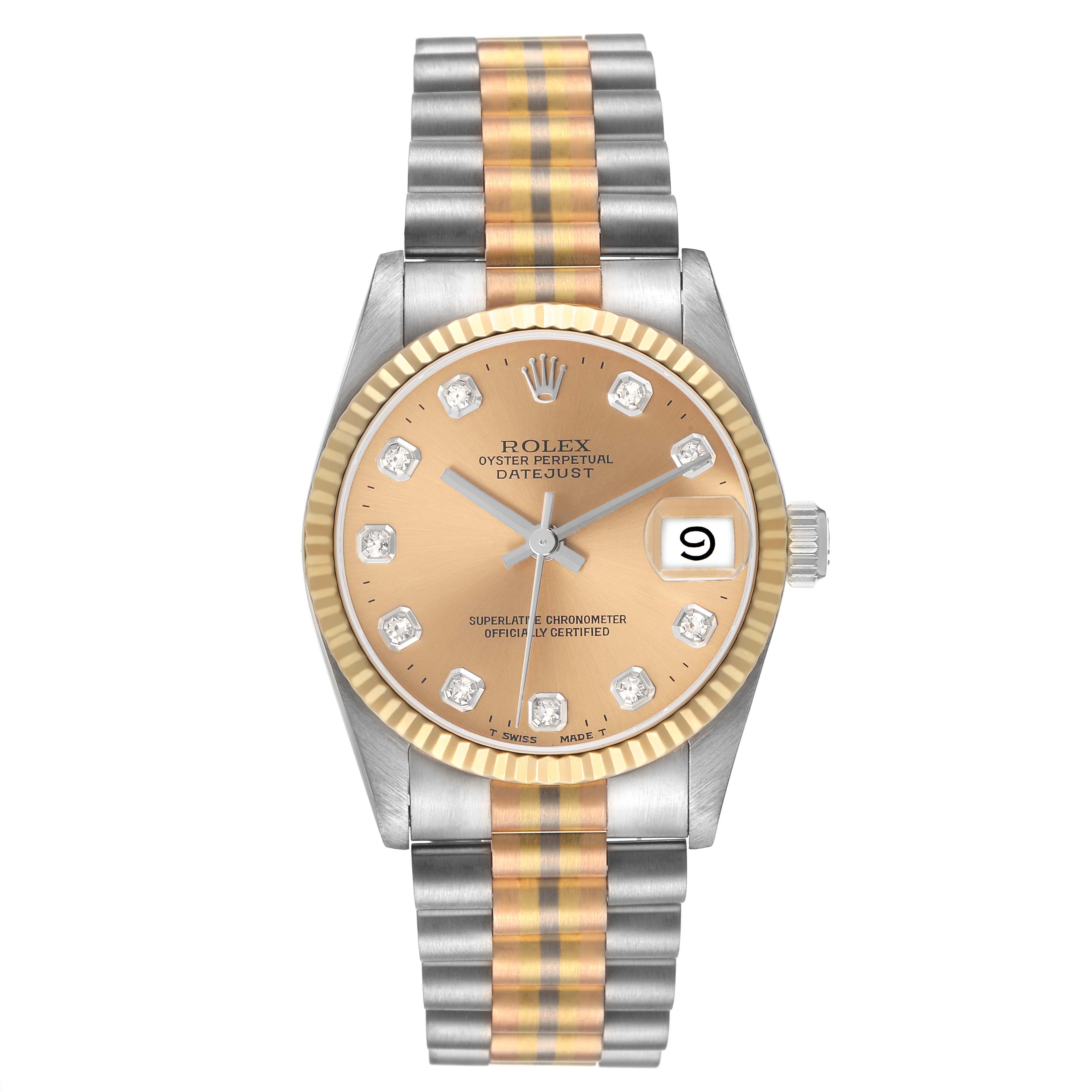 The Rolex President 68279 Women's White Gold Brown Dial model is shown from a top view, displaying its dial, bezel, and band.
