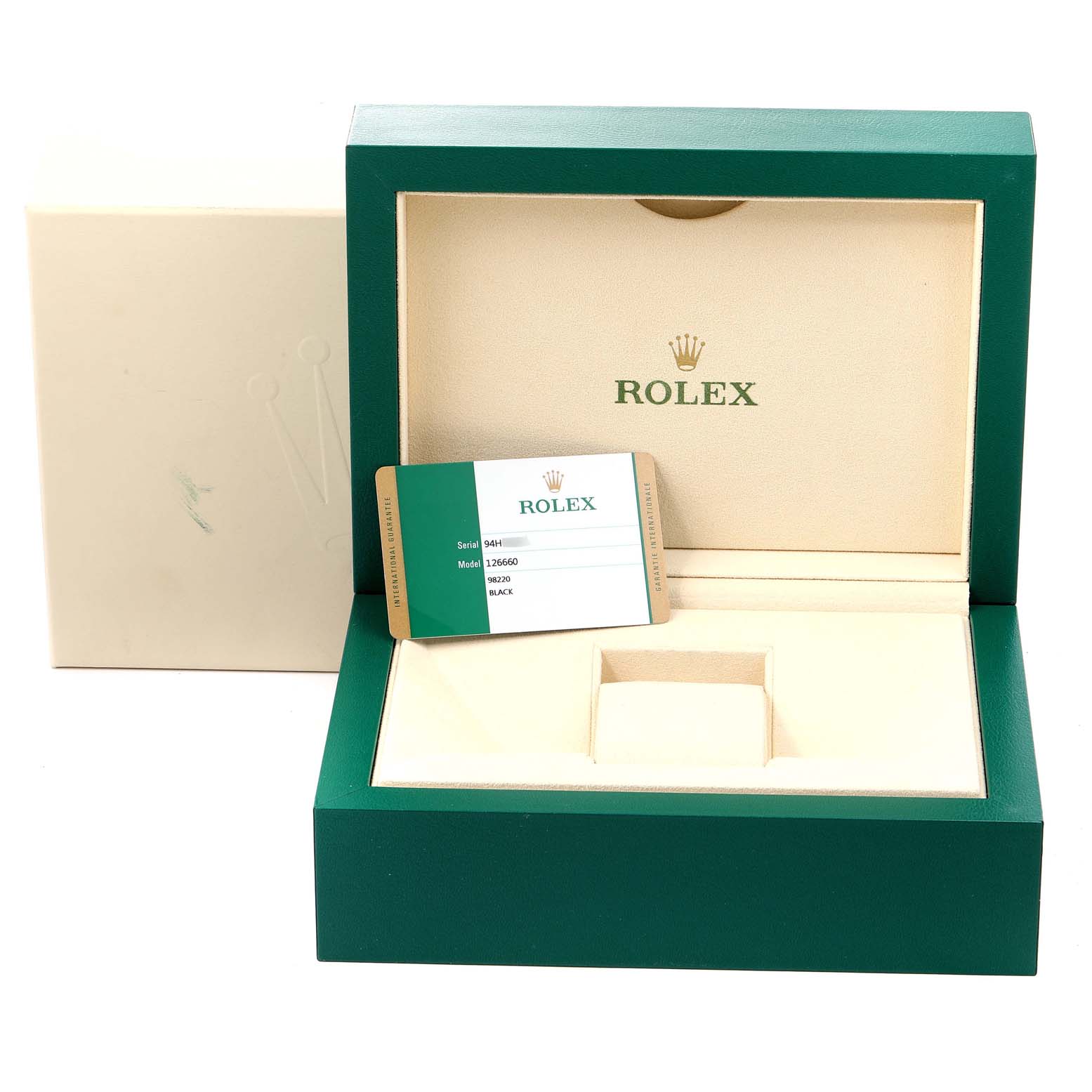 The image shows an open Rolex Sea-Dweller 126660 Men
s Stainless Steel Black Dial 126660 Men
s Stainless Steel Black Dial box with a warranty card displayed inside.