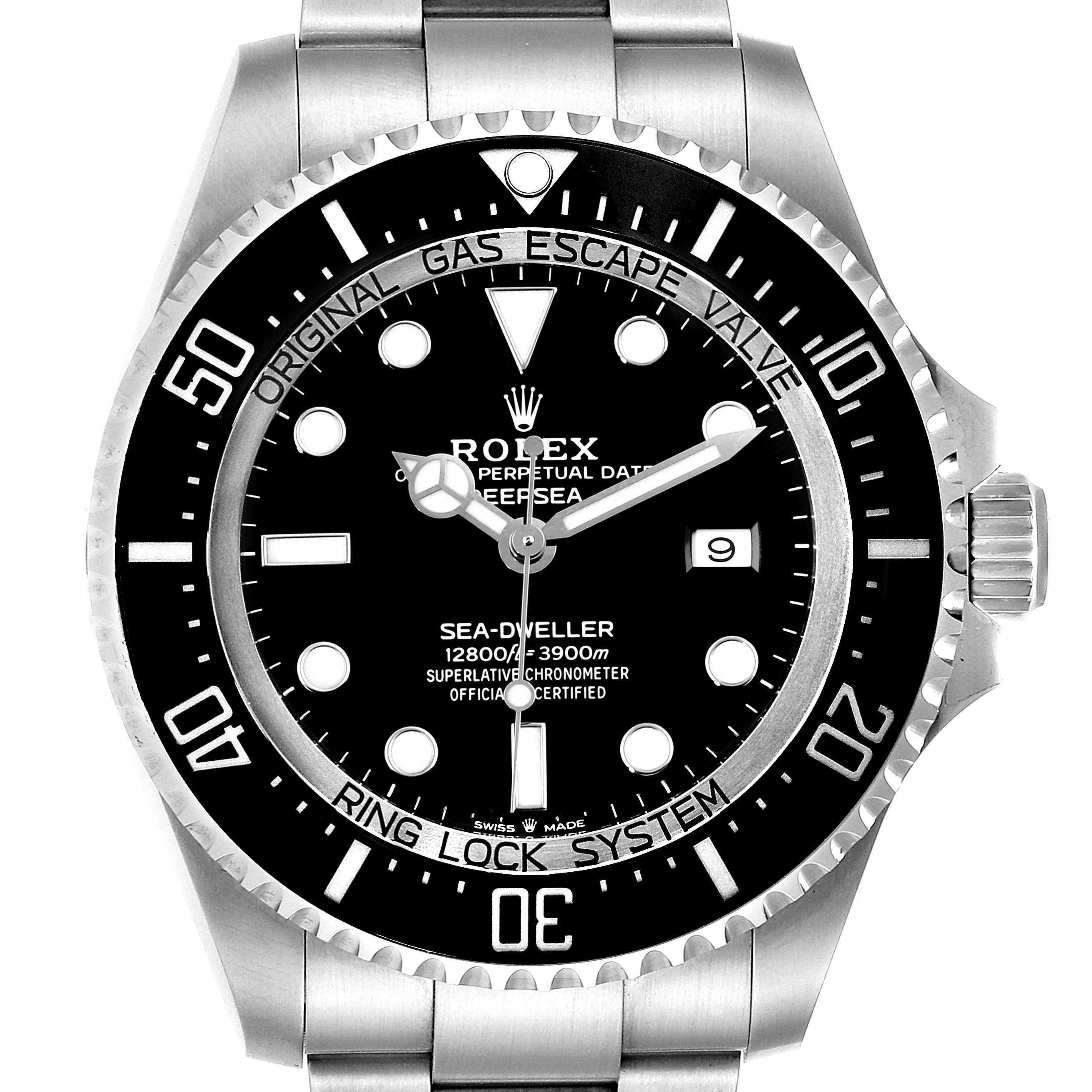 The image shows a front view of the Rolex Sea-Dweller 126660 Men
s Stainless Steel Black Dial 126660 Men
s Stainless Steel Black Dial watch, highlighting the bezel, dial, and part of the bracelet.