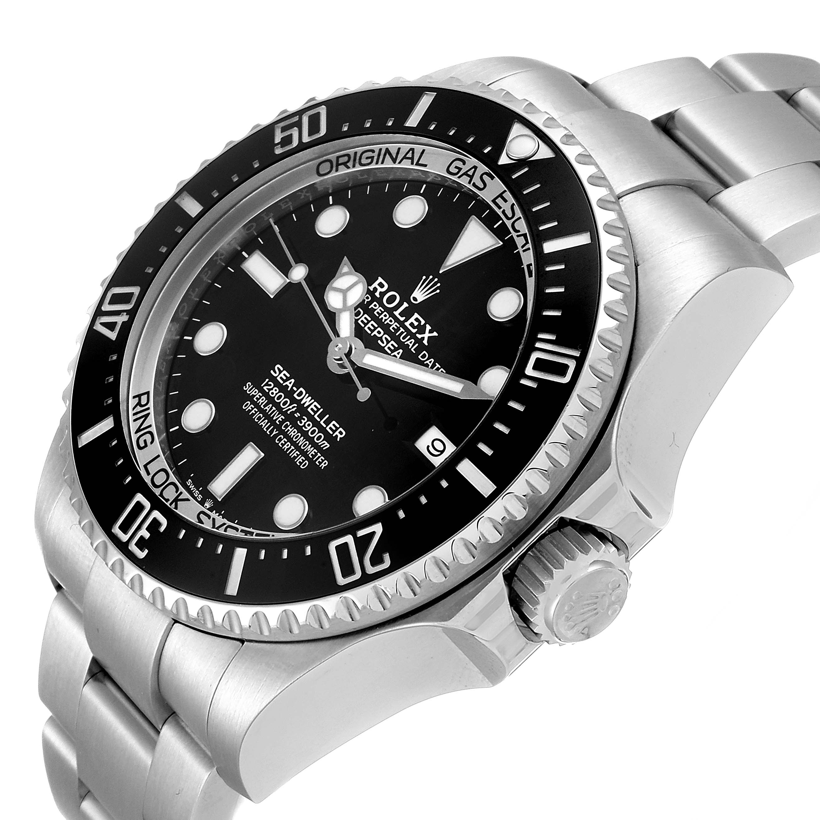 The image shows a close-up side angle of the Rolex Sea-Dweller 126660 Men
s Stainless Steel Black Dial 126660 Men
s Stainless Steel Black Dial watch, highlighting the dial, bezel, crown, and part of the bracelet.