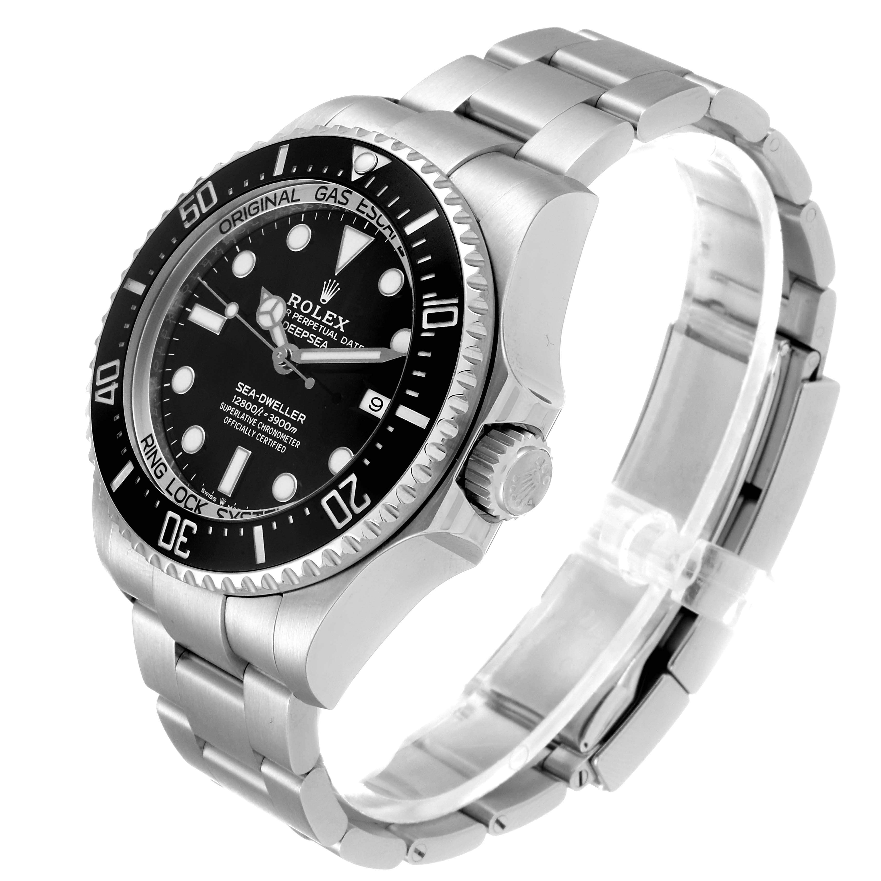 The image shows a Rolex Sea-Dweller 126660 Men
s Stainless Steel Black Dial 126660 Men
s Stainless Steel Black Dial watch angled from the front-right, highlighting the dial, bezel, crown, and bracelet.