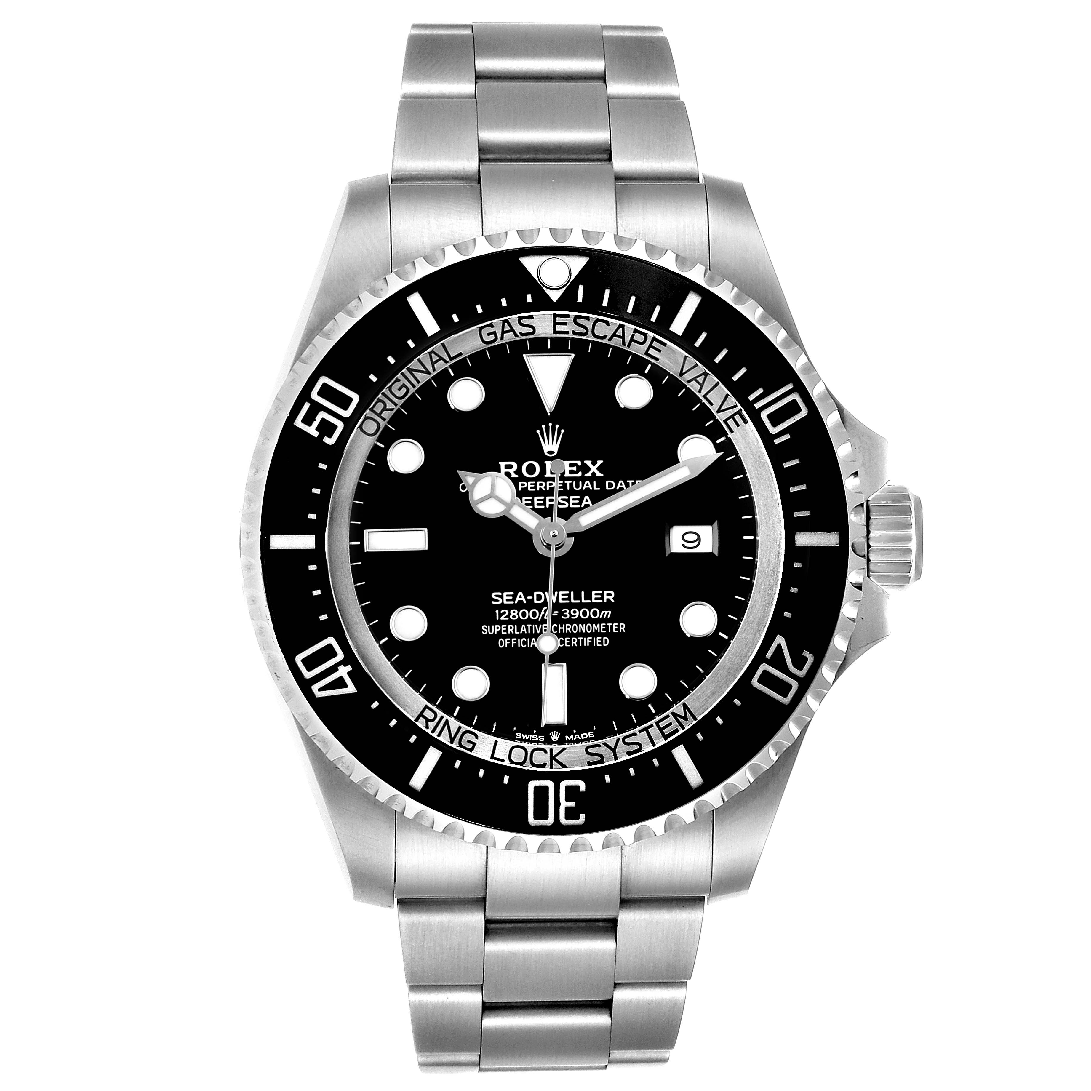 The image shows a full frontal view of a Rolex Sea-Dweller 126660 Men
s Stainless Steel Black Dial 126660 Men
s Stainless Steel Black Dial watch, displaying the dial, bezel, and bracelet.