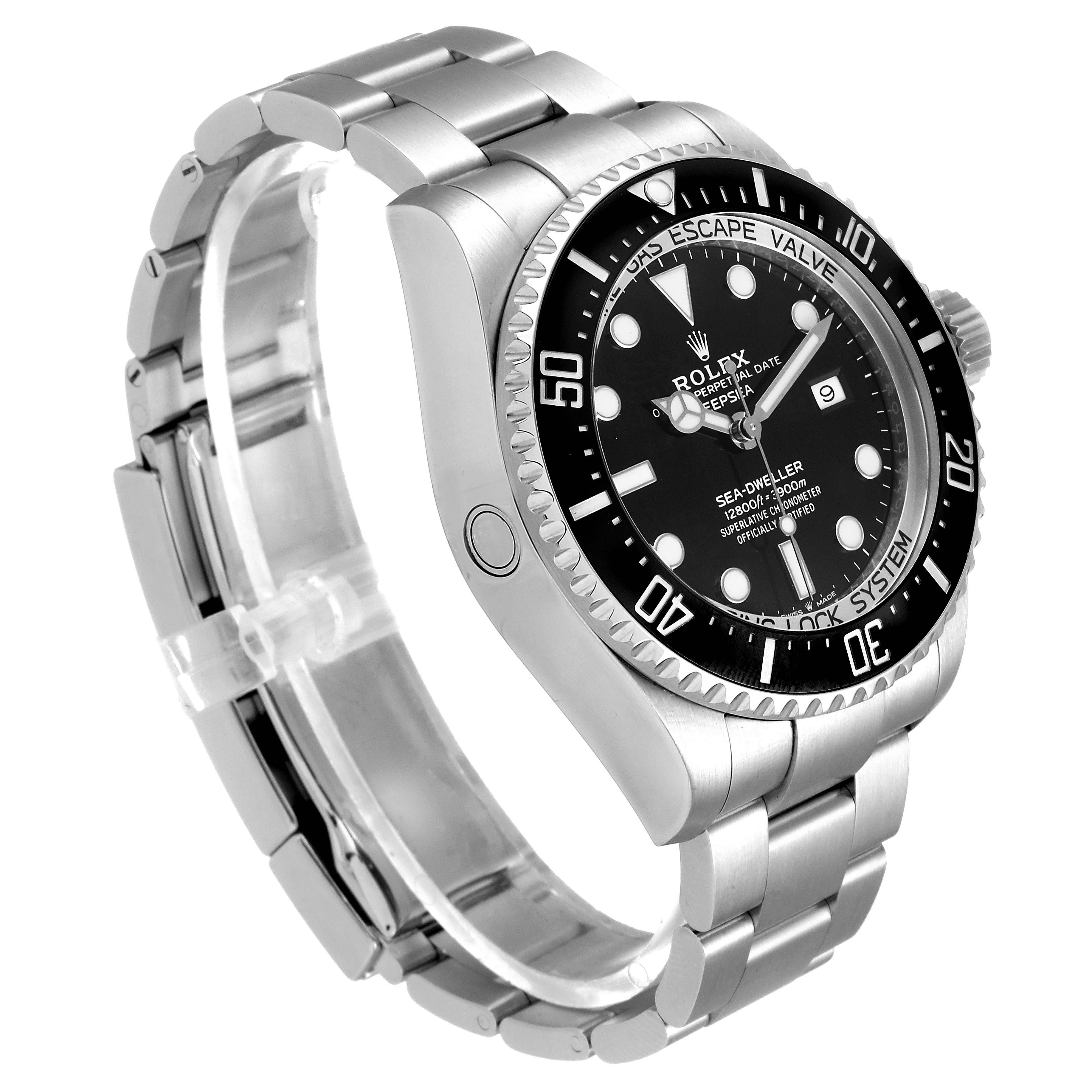 This image shows a Rolex Sea-Dweller 126660 Men
s Stainless Steel Black Dial 126660 Men
s Stainless Steel Black Dial watch at a three-quarter angle, showcasing the bracelet, bezel, and dial.