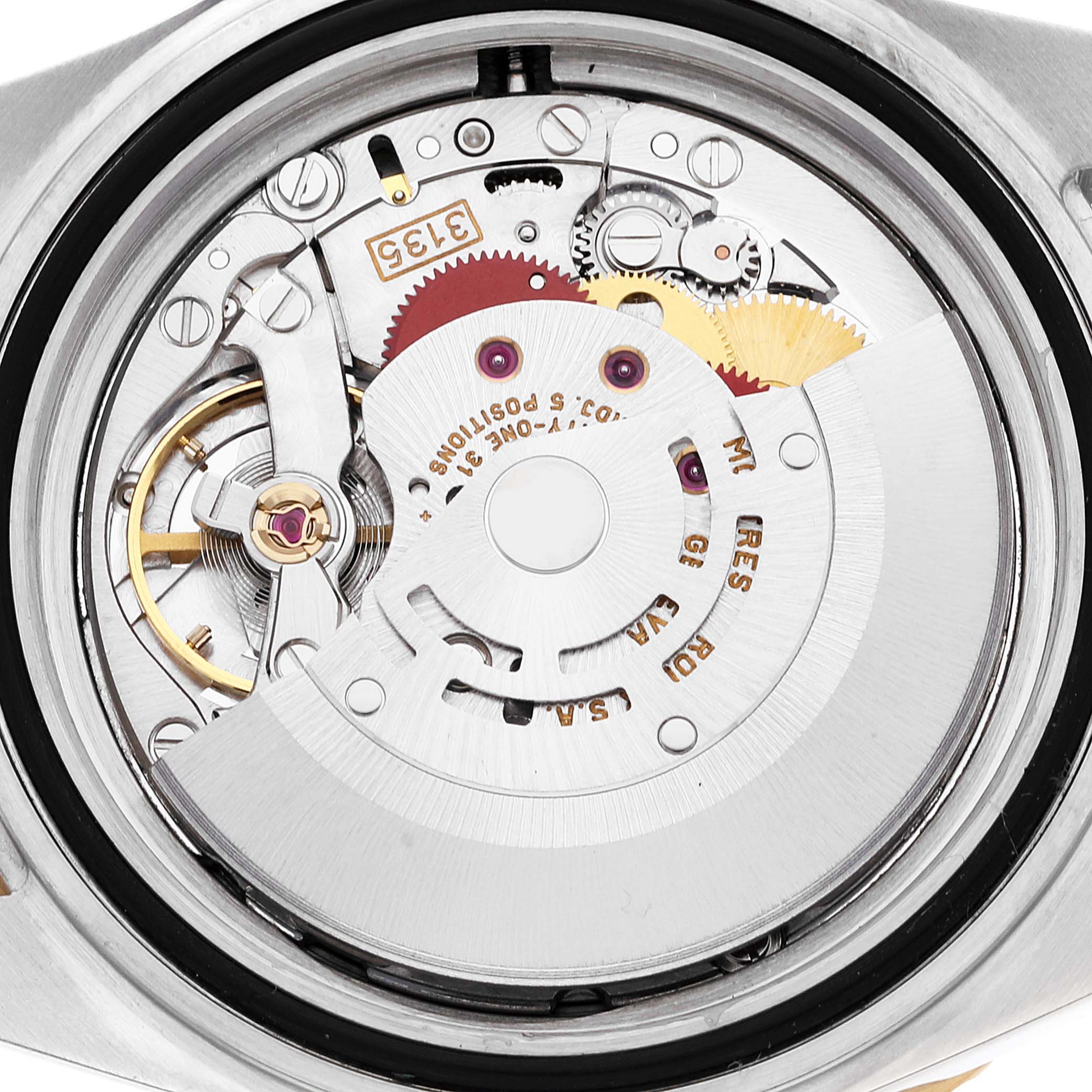 The image shows the inner mechanical movement of a Rolex Submariner 16613 Men
s Steel and Gold (two tone) Blue Dial 16613 Men
s Steel and Gold (two tone) Blue Dial watch from a top-down angle.