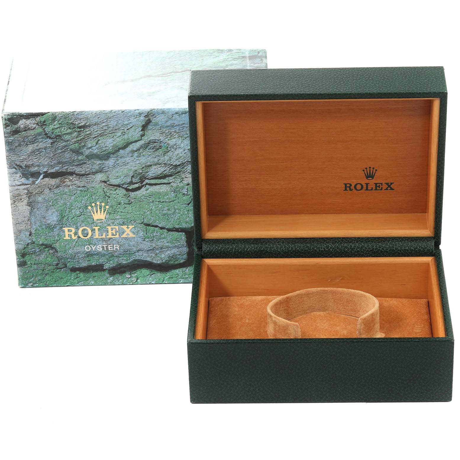 The image shows an open green Rolex Submariner 16613 Men
s Steel and Gold (two tone) Blue Dial 16613 Men
s Steel and Gold (two tone) Blue Dial watch box with inner wooden lining and an outer decorative case.