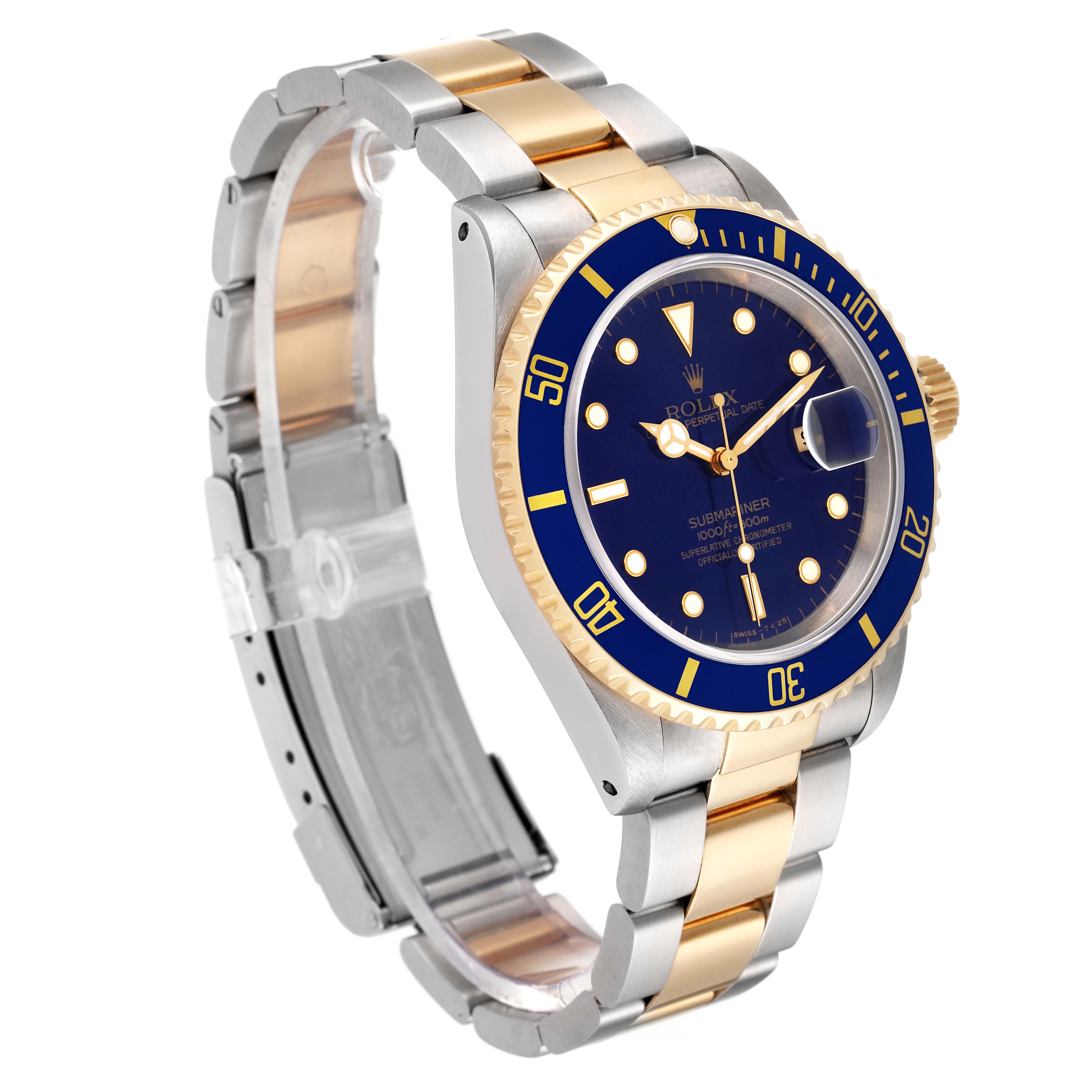 The image shows a Rolex Submariner 16613 Men
s Steel and Gold (two tone) Blue Dial 16613 Men
s Steel and Gold (two tone) Blue Dial watch at a three-quarter angle, highlighting its blue bezel, dial, and two-tone bracelet.