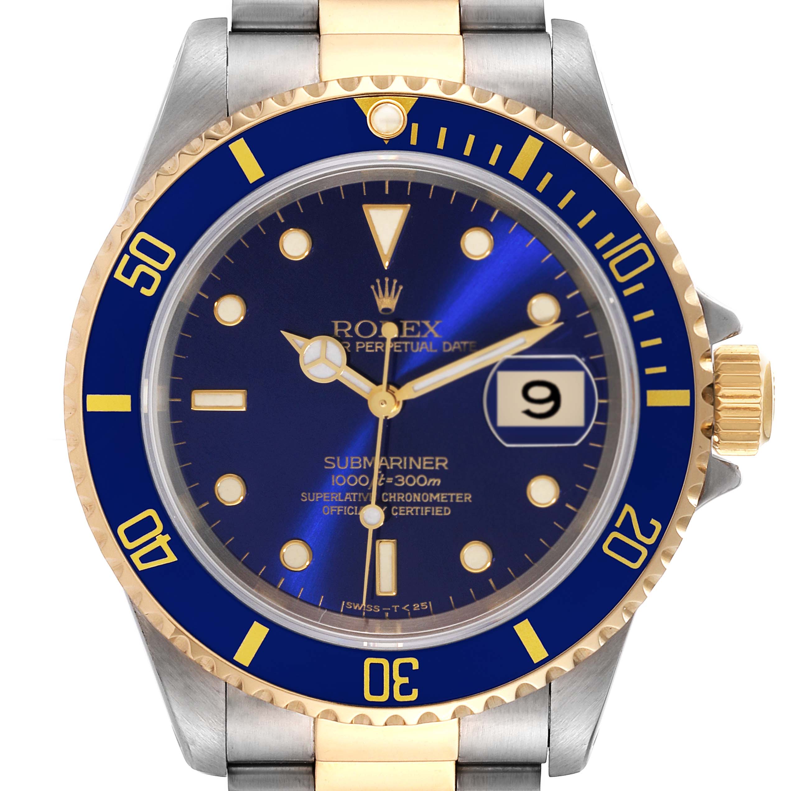 The image shows a front angle of the Rolex Submariner 16613 Men
s Steel and Gold (two tone) Blue Dial 16613 Men
s Steel and Gold (two tone) Blue Dial watch, highlighting its blue dial, bezel, and date window.