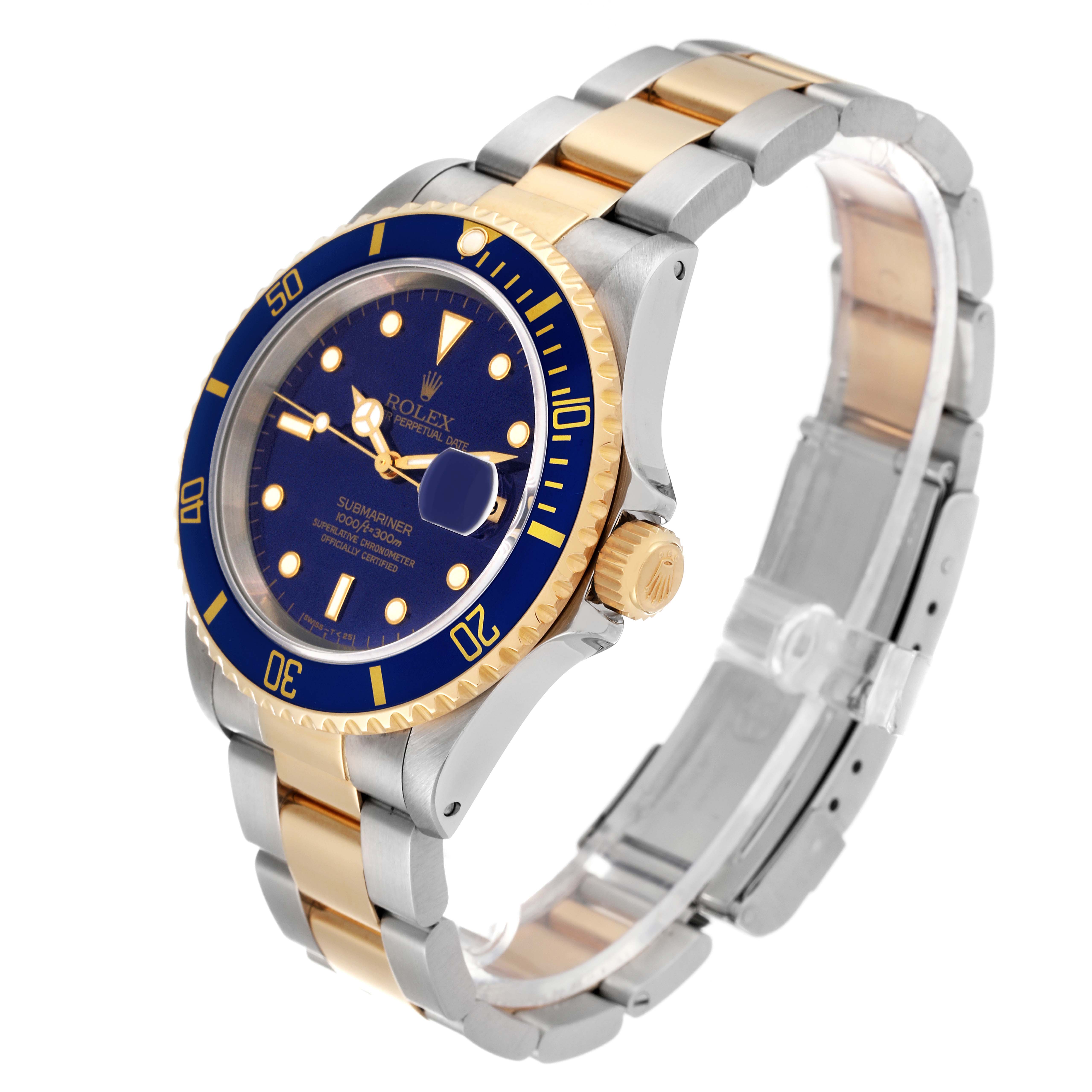 The Rolex Submariner 16613 Men
s Steel and Gold (two tone) Blue Dial 16613 Men
s Steel and Gold (two tone) Blue Dial watch is shown at an angled side view highlighting its blue dial, bezel, two-tone bracelet, and crown.