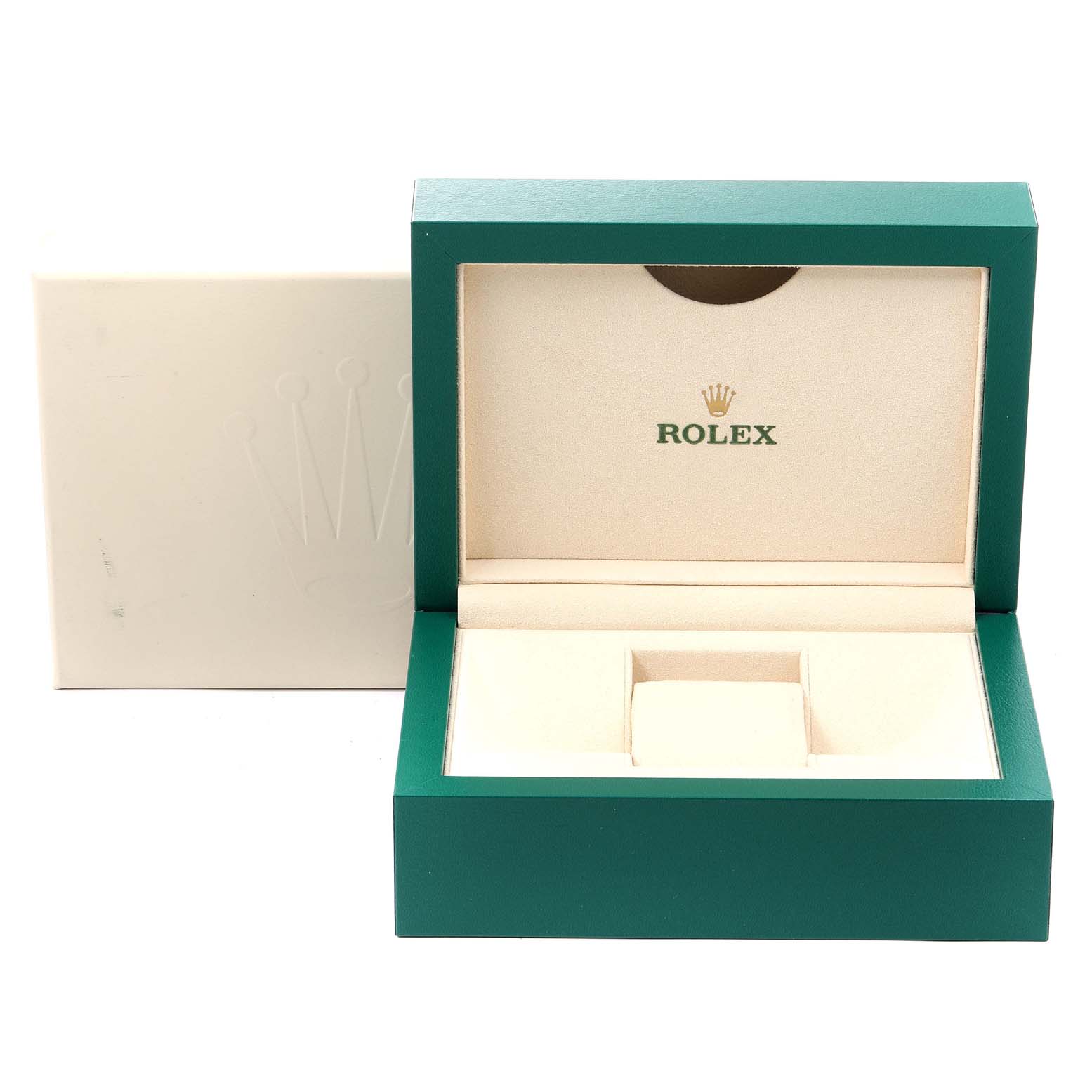 The image shows the open green and cream box for a Rolex Submariner 116610LN Men's Stainless Steel Black Dial 116610LN Men's Stainless Steel Black Dial watch, branded with the Rolex logo inside.